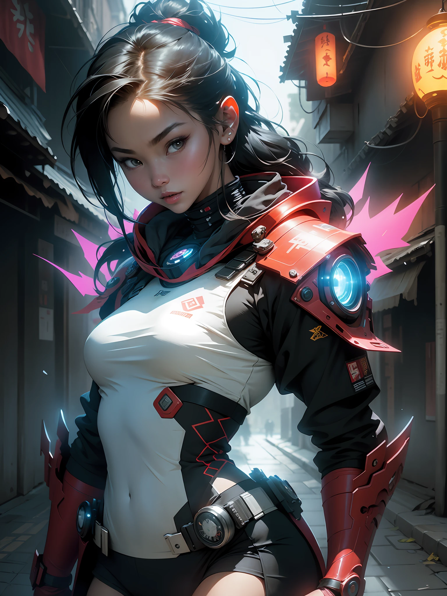 ((Best quality)), ((masterpiece)), (detailed: 1.4) Young and adventurous girl in a red futuristic samurai outfit with a dragon emblazoned on the fabric. Clothing open to the navel showing much of the breasts. She holds a giant katakana and wears a cyberpunk mask of a Japanese demon. HDR (High Dynamic Range),Ray Tracing,NVIDIA RTX,Super-Resolution,Unreal 5,Subsurface Dispersion, PBR Texture, Post-processing, Anisotropic filtering, Depth of field, Maximum clarity and sharpness, Multilayer textures, Albedo and specular maps, Surface shading, Accurate simulation of light-material interaction, Perfect proportions, Octane Render, Two-tone lighting,Wide aperture,Low ISO,White balance,Rule of thirds, 8K RAW, Niji --V5