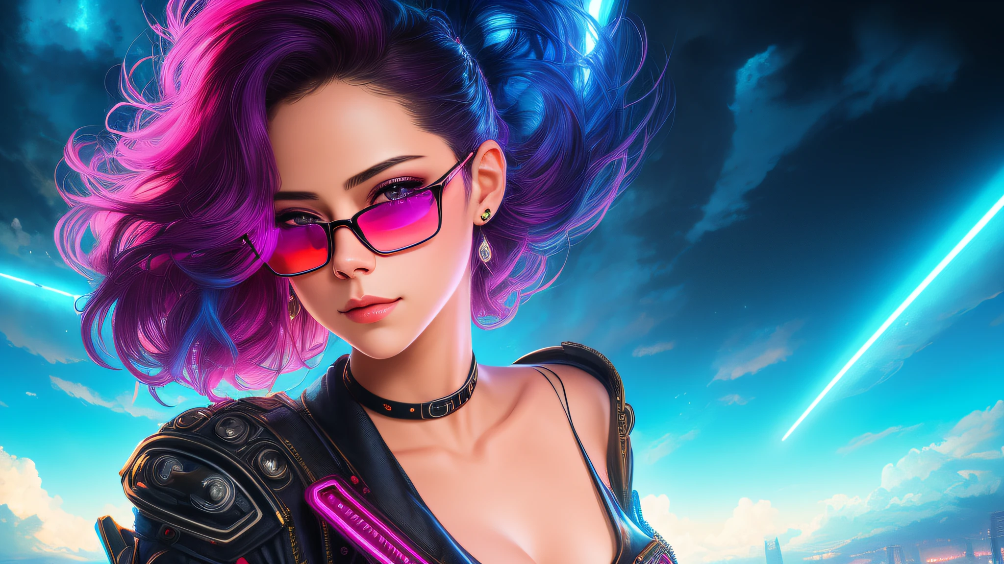 Rosa salazar, snthwve style, (nvinkpunk punk woman), punk rock, roller derby, tank girl, gum, nervous, dangerous, high detailed, 8k, by jeremy mann, by sandra chevrier, by dave mckean and richard avedon and maciej kuciara, (a woman in sunglasses driving a car with a neon light, synthwave art style), cyberpunk vibe, retrowave vibes, cyberpunk art style, bright cyberpunk glow, synthwave art style, cyberpunk vibes, synthwave style, synthwave art, cyberpunk digital painting, by Liam Wong, retrowave art, by sciamano and kittew, (detailed beautiful and delicate face, detailed beautiful and delicate eyes, a perfect face proportion, highly detailed skin, best ratio with four fingers and a thumb, arms under the chest), no missing fingers, ((best quality)), ((masterpiece)), (detailed), seductive, ethereal beauty, (fantasy illustration: 1.3), enchanting look, captivating pose, supernatural charm, mystical sky, (Luis Royo:1.2), (Yoshitaka Amano:1.1), moonlit night, soft colors, (detailed cloud landscape:1.3), (high resolution:1.2), masterpiece, best quality, high quality, high definition, high quality texture, high quality shadow, high detail, beautiful detailed, finely detailed, extremely detailed cg, detailed texture, a realistic representation of the face, realistic, colorful, delicate, cinematic light, side lighting, Lens Flare, Ray tracing, sharp focus, (1girl, __focus__:1.3), (complex details, makeup, PureErosFace_V1:0.5), (beautiful and delicate face detailed, beautiful and delicate eyes detailed, a perfect face proportion, highly detailed skin, detailed skin, best ratio four fingers and a thumb, arms under the chest, medium large breasts, wide hips, flat belly, thin and thin, __fashion__, __hair__: 1.3), __location__, no hands, no more hands, no missing fingers