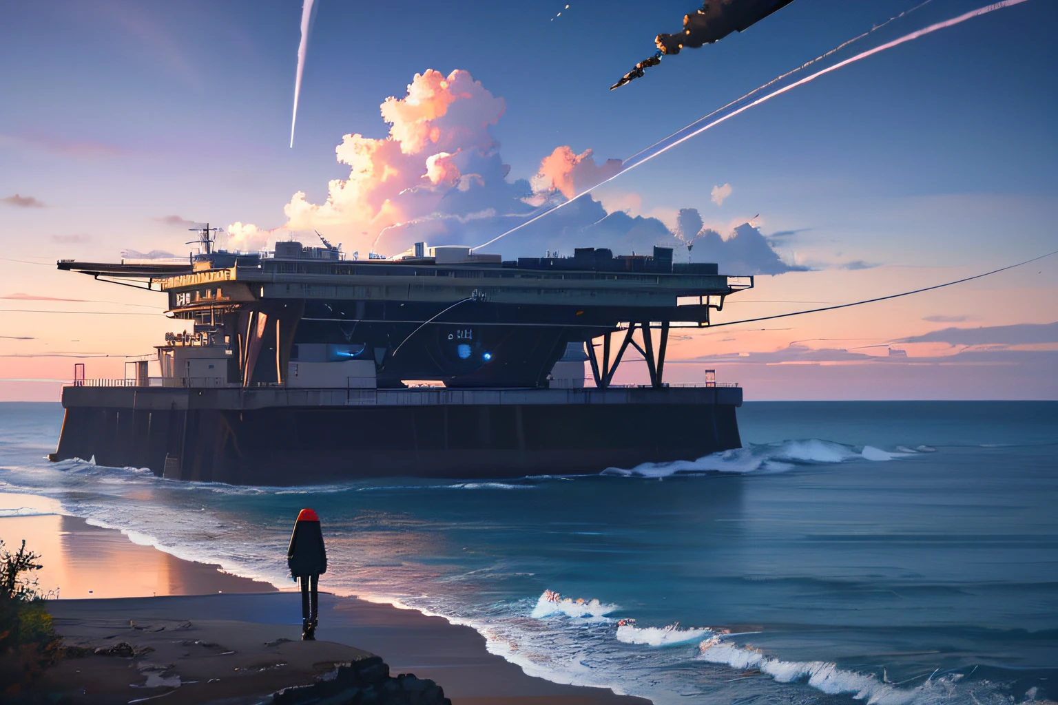 (icon:1.2),(logo1.2),masterpiece, best quality, landscape, no humans, sadness, oil painting \(medium\) fake sky,(multiple fake cloud falling from sky:1.2),floating star shape falling down,broken ground,1girl looking at the gaint ocean, masterpiece, best quality,