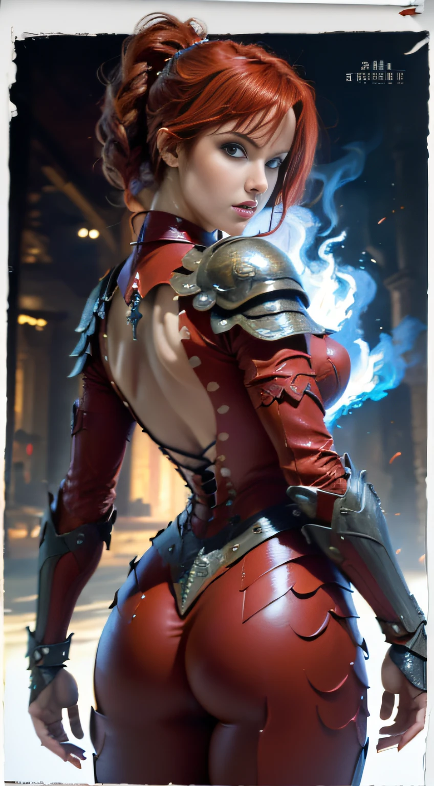 (masterpiece)),(((best quality)),((character design sheet, same character, front, side, back)), illustration, 1 woman, short red hair, hair in eyes, beautiful eyes, environment Scene change, pose too, fire warrior, armor with fire details, a sword with a dragon on the handle, dragon pendant, (single background, white background: 1.3)