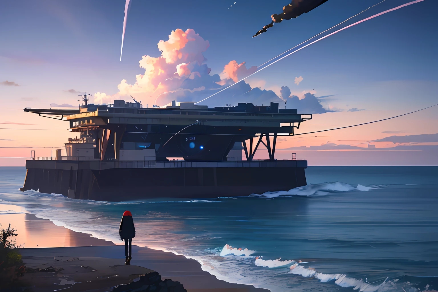 (icon:1.2),(logo1.2),masterpiece, best quality, landscape, no humans, sadness, oil painting \(medium\) fake sky,(multiple fake cloud falling from sky:1.2),floating star shape falling down,broken ground,1girl looking at the gaint ocean, masterpiece, best quality,