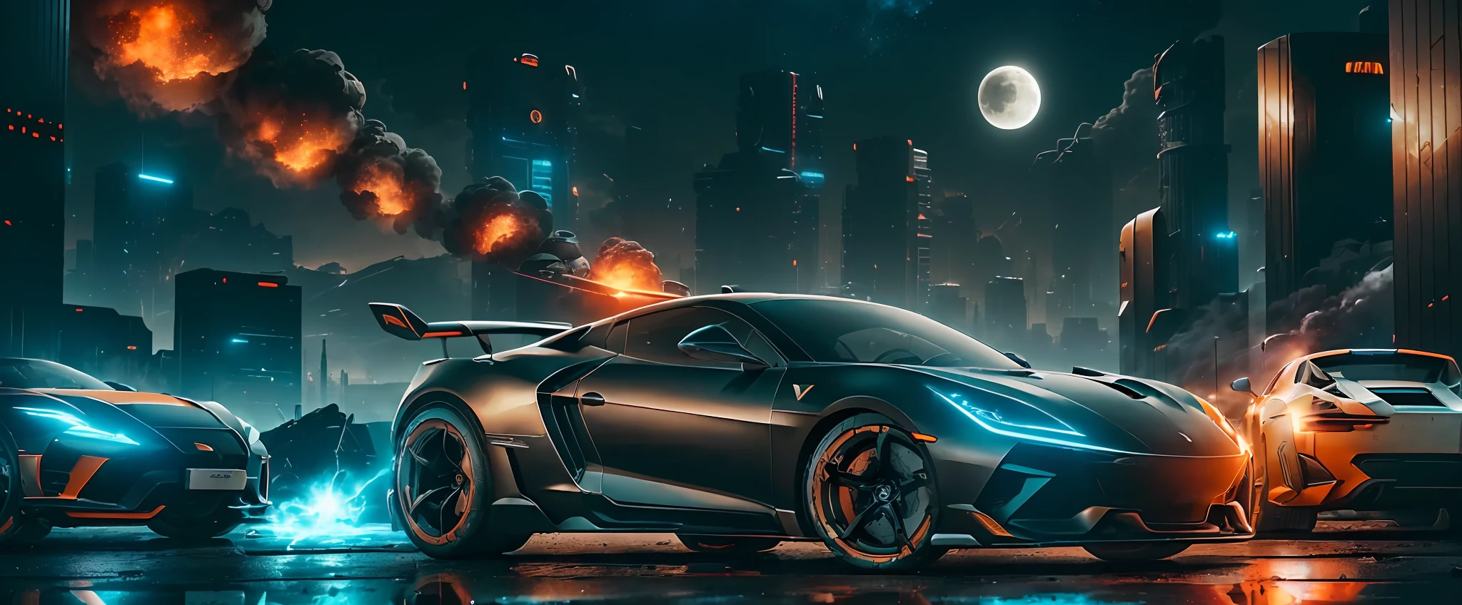 (High-precision realistic 8k ruined city, futuristic sci-fi scenes, super sports car, black body, orange kit, moon in the sun, smoke, sparks, panoramic perspective shooting full of movie feeling, realistic texture) --auto --s2