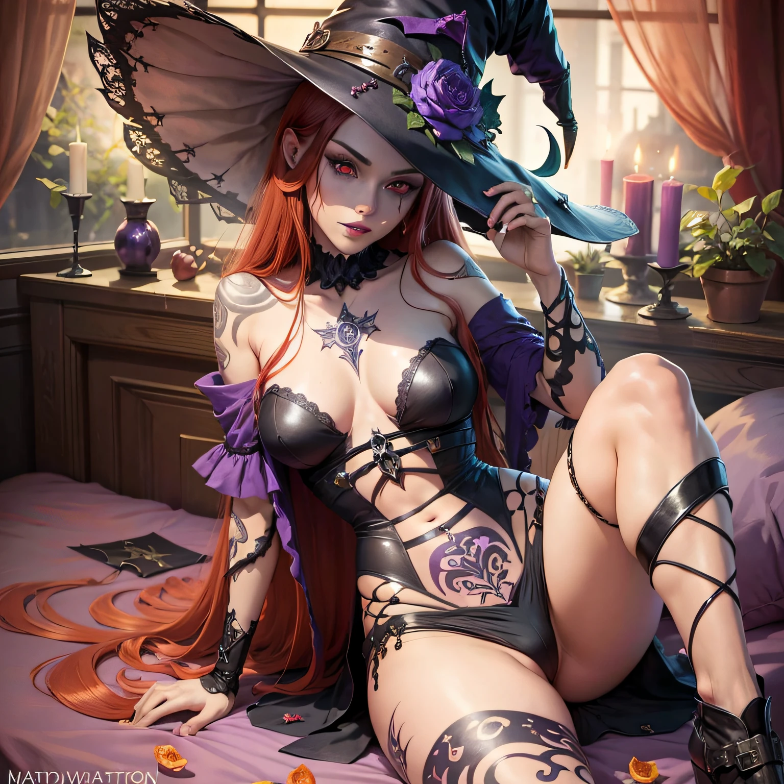 witch, witch hat, long red hair, tattooed arms, purple eyes, vampire teeth, lying on a bed, sensual position, short clothes, best quality, good anatomy, detailed face, 4k, masterpiece, detailed eyes --auto --s2