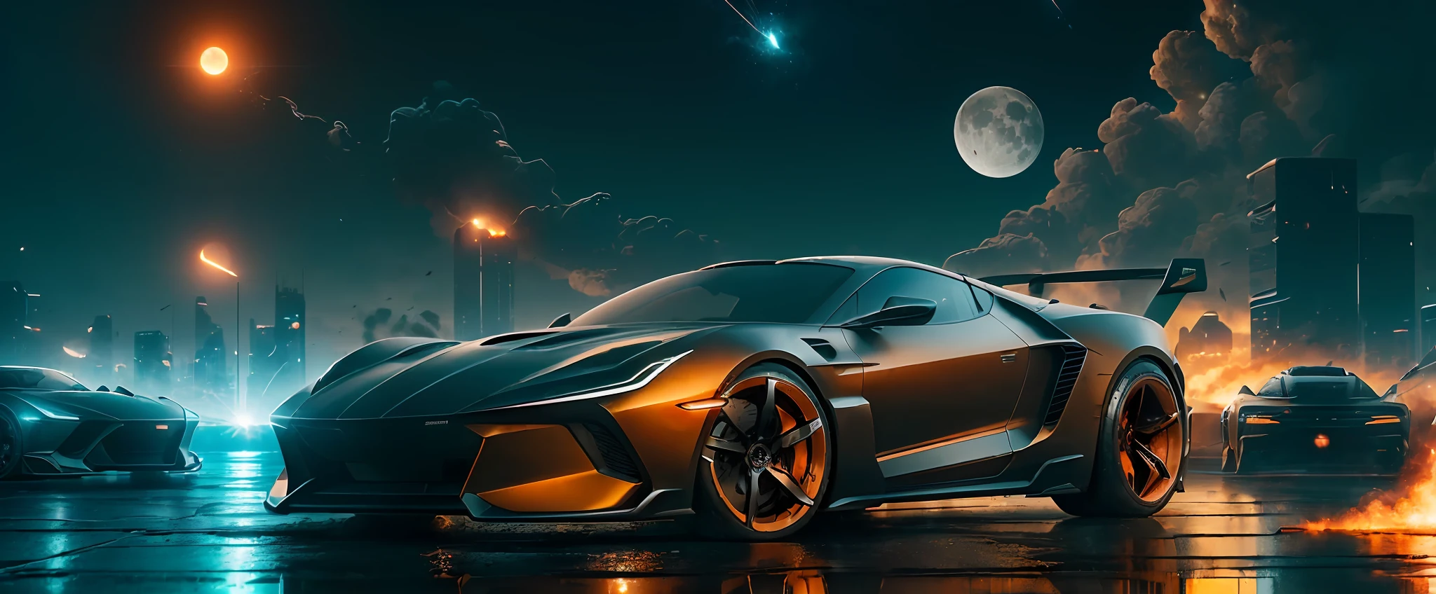 (High-precision realistic 8k ruined city, futuristic sci-fi scenes, super sports car, black body, orange kit, moon in the sun, smoke, sparks, panoramic perspective shooting full of movie feeling, realistic texture) --auto --s2