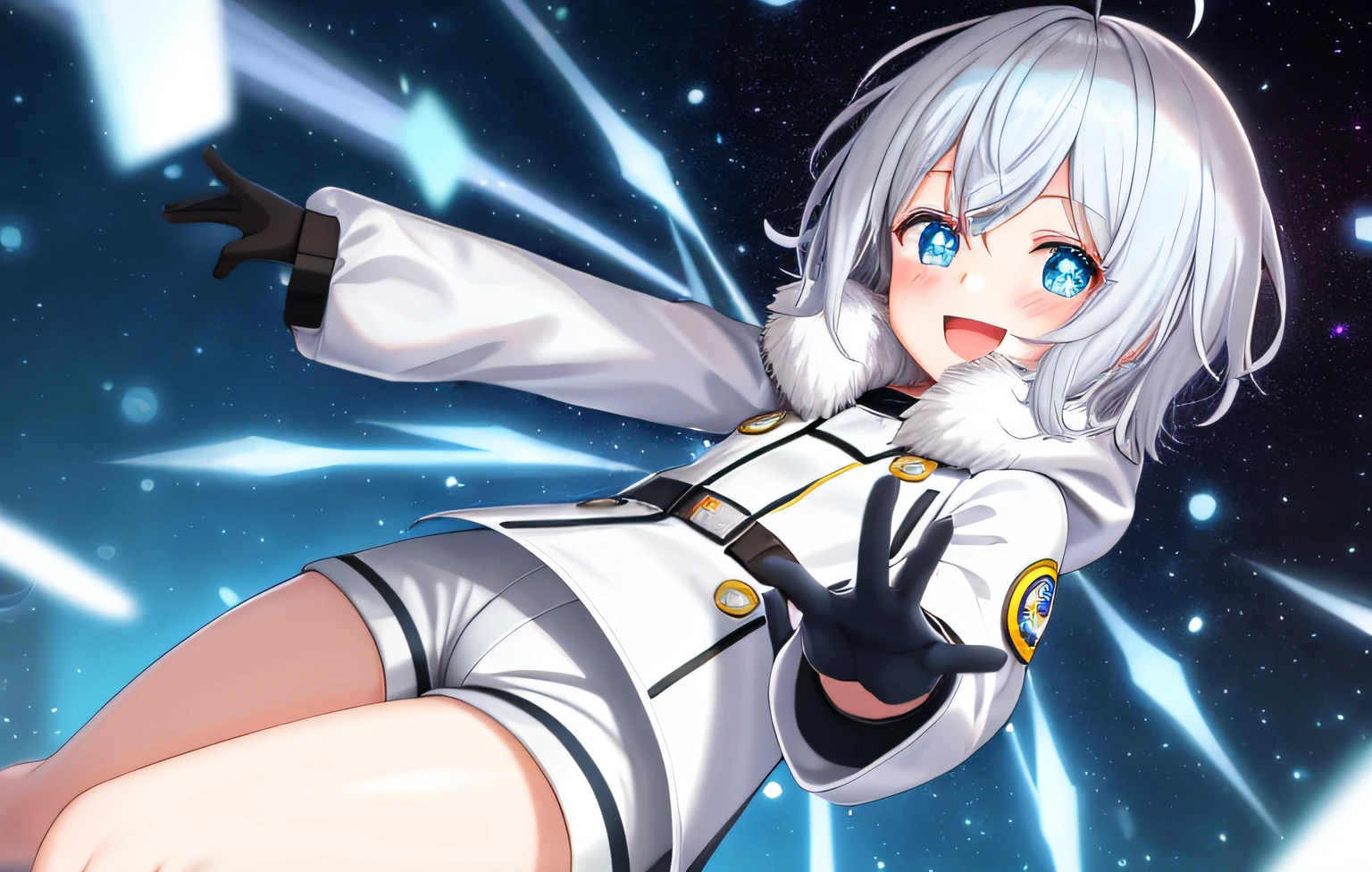 1girl, solo, white hair, short hair, hair between eyes, bangs, white parka, closed jacket, gloves, flat chest, wide hips, down jacket, cyan eyes,  cute face, small pupils, blush, android, round eyes, glowing cyan eyes, mechabare, mechanical parts, smile, messy hair, hands on own crotch, ahoge, excited, starry eyes, open mouth, arms outstretched, :D, puffy shorts, thighs, lust, crazy smile, nose blush, wide eyes, big eyes