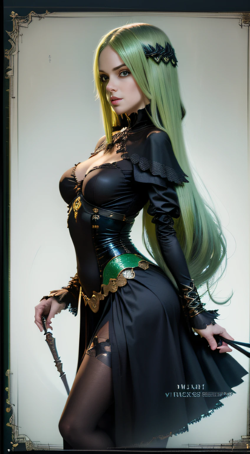 ((masterpiece)),(((best quality)),((character design sheet, same character, front, side, back)), illustration, 1 girl, long green hair, hair in eyes, beautiful eyes, environment Scene change, pose too, female witch, witch steals, holds a wand, (simple background, white background: 1.3)