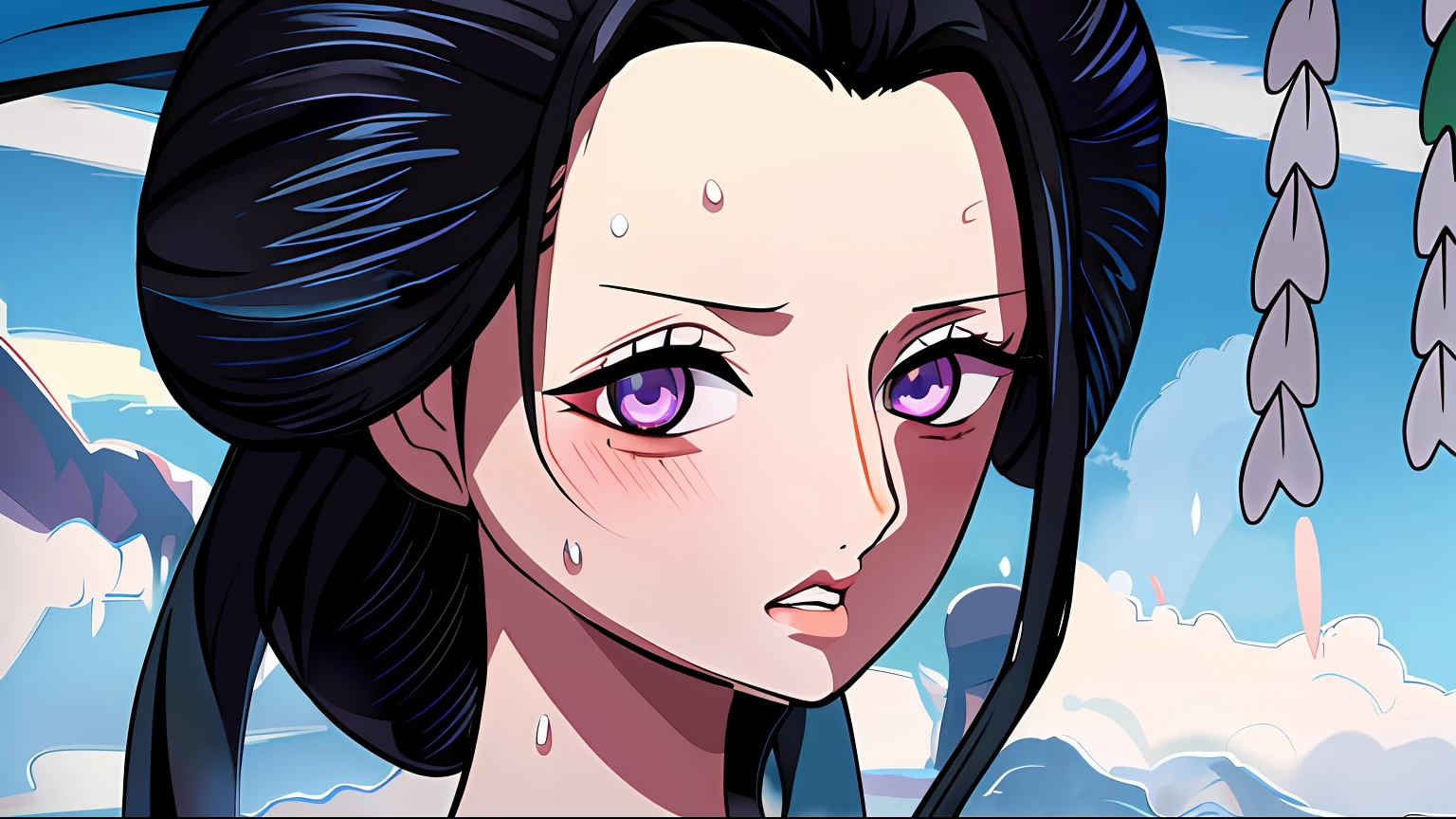 Anime Girl with Long Black Hair and Blue Eyes Holding a Stick, Nico Robin, close up of a Young Anime Girl, Anime Visual of a Young Woman, Anime Movie Screenshot, In A Mixed Style of Æon Flux, From One Piece, Screenshot From The Anime Film, 2 0 1 9 Anime screenshot, screenshot From Guro Anime, Maya Fey from Ace Attorney, Obra Prima!!!