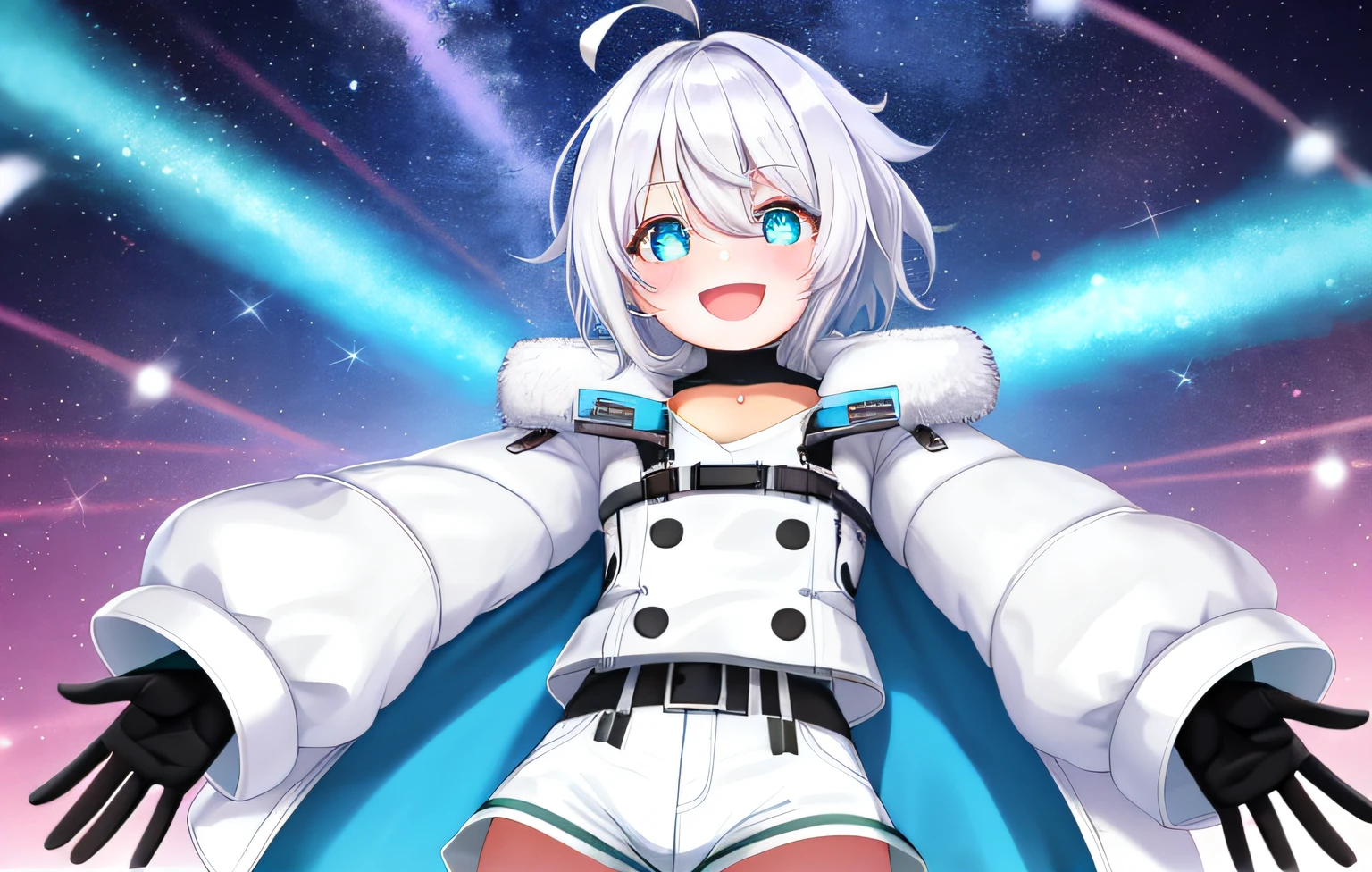 1girl, solo, white hair, short hair, hair between eyes, bangs, white parka, closed jacket, gloves, flat chest, wide hips, down jacket, cyan eyes, cute face, small pupils, blush, android, round eyes, glowing cyan eyes, mechabare, mechanical parts, smile, messy hair, hands on own crotch, ahoge, excited, starry eyes, open mouth, arms outstretched, :D, puffy shorts, thighs, lust, crazy smile, nose blush, wide eyes, big eyes