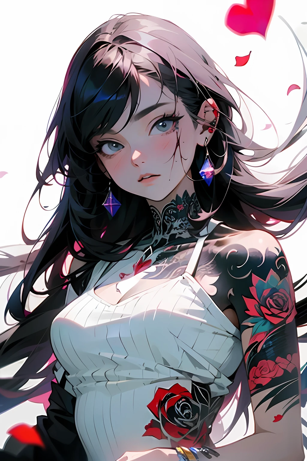 masterpiece, high quality, 1girl, solo, protrait, tattoo, hyper waifu, fcPortrait, blood, rose petals, upper body, simple background, illustration,