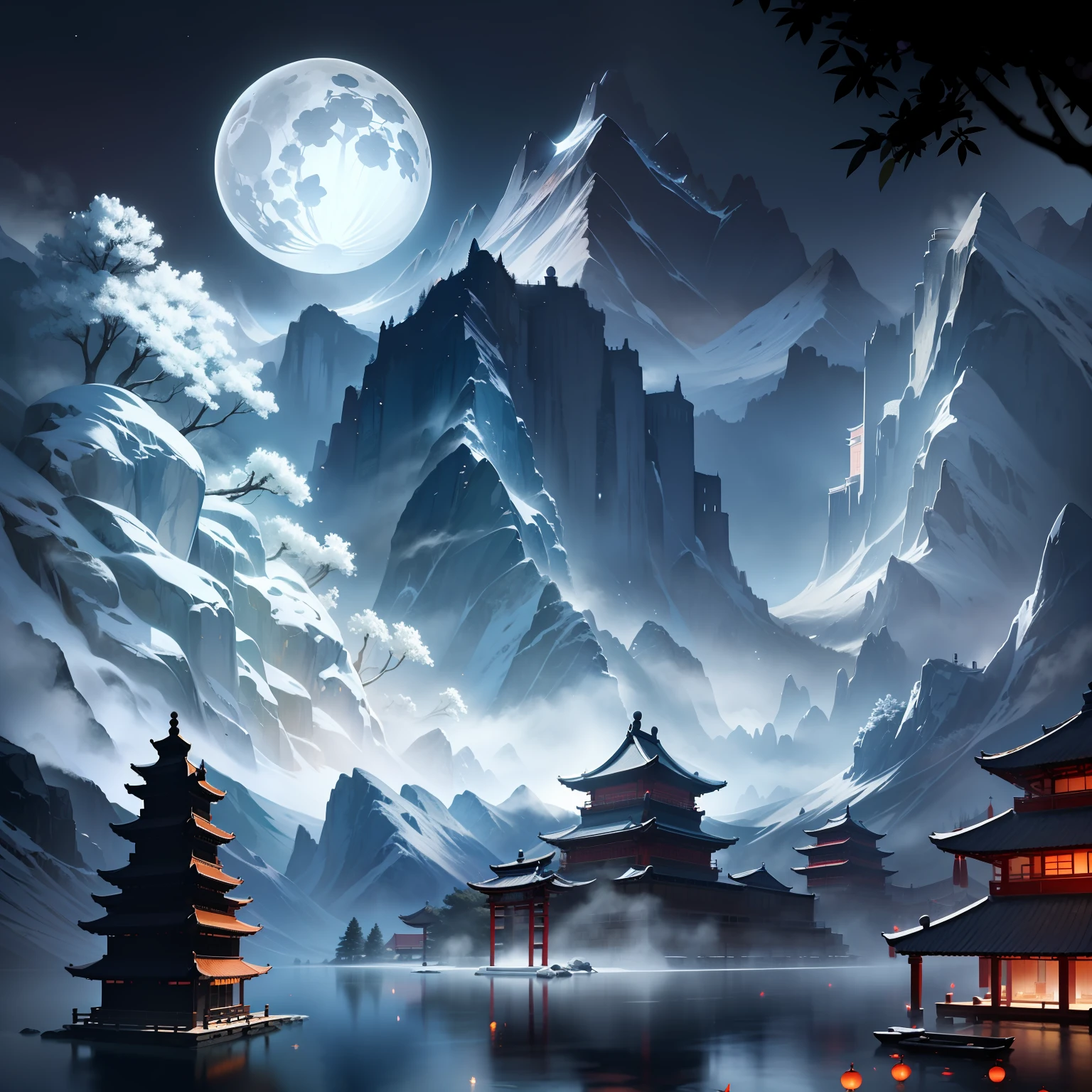 masterpiece,best quality,Chinese martial arts style,an snowing asian night scene with lanterns and water lilies,asian pond with many lanterns and boatsa night scene with many lights and boats in the water, snowflakes ,Lake surface, lotus flowers,beautiful night scene,(((Chinese martial arts style))), with vast sky, continuous mountains and steep cliffs, ink wash style, outline light, atmospheric atmosphere, depth of field, mist rising, bamboo, pine trees, octagonal stone pavilion, waterfall flowing water,big full moon,(No color) , Monochrome, light color,