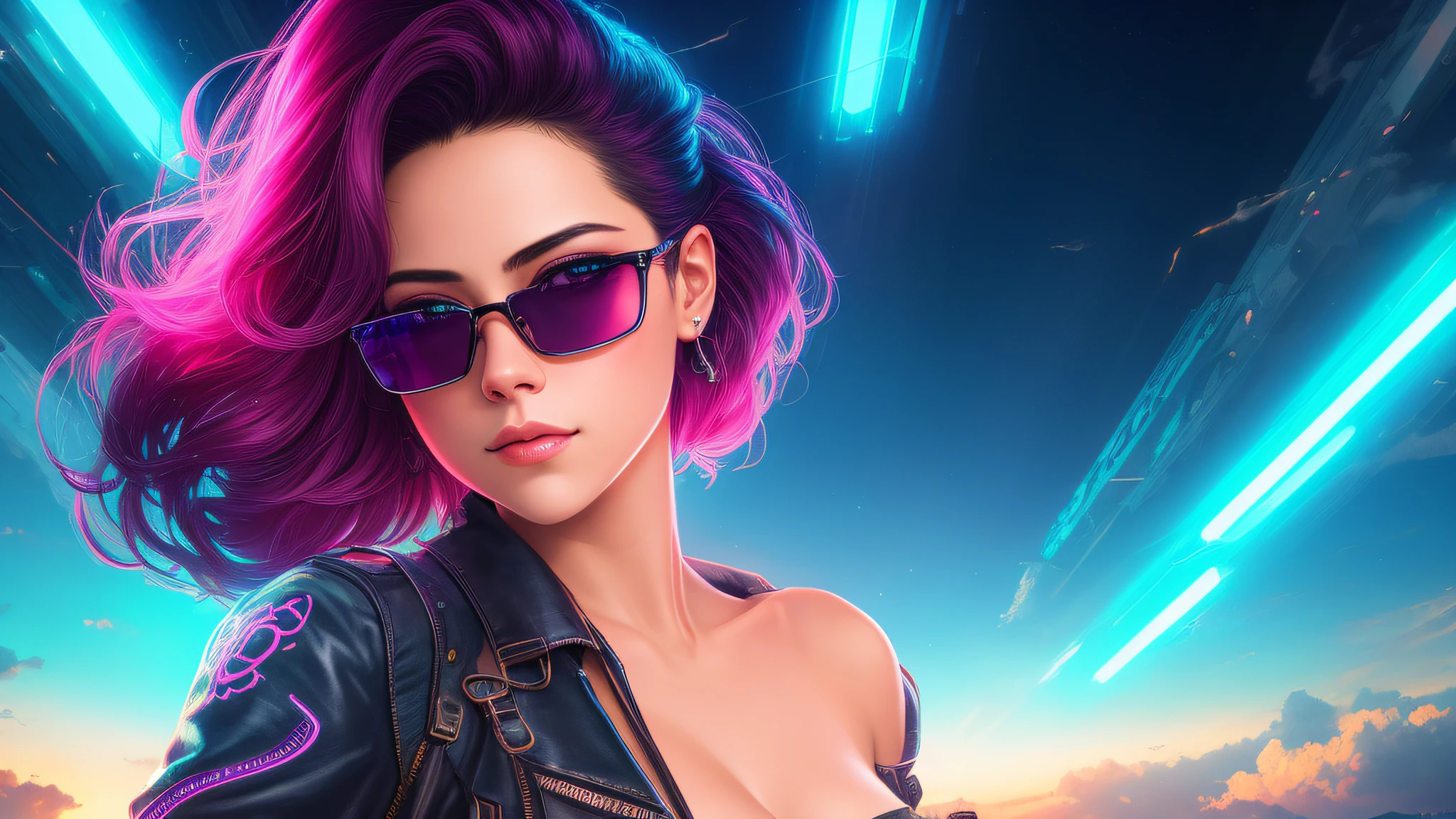 Rosa salazar, snthwve style, (nvinkpunk punk woman), punk rock, roller derby, tank girl, gum, nervous, dangerous, high detailed, 8k, by jeremy mann, by sandra chevrier, by dave mckean and richard avedon and maciej kuciara, (a woman in sunglasses driving a car with a neon light, synthwave art style), cyberpunk vibe, retrowave vibes, cyberpunk art style,  bright cyberpunk glow, synthwave art style, cyberpunk vibes, synthwave style, synthwave art, cyberpunk digital painting, by Liam Wong, retrowave art, by sciamano and kittew, (detailed beautiful and delicate face, detailed beautiful and delicate eyes, a perfect face proportion, highly detailed skin, best ratio with four fingers and a thumb, arms under the chest), no missing fingers,  ((best quality)), ((masterpiece)), (detailed), seductive, ethereal beauty, (fantasy illustration: 1.3), enchanting look, captivating pose, supernatural charm, mystical sky, (Luis Royo:1.2), (Yoshitaka Amano:1.1), moonlit night, soft colors, (detailed cloud landscape:1.3), (high resolution:1.2), masterpiece, best quality, high quality, high definition, high quality texture, high quality shadow, high detail, beautiful detailed,  finely detailed, extremely detailed cg, detailed texture, a realistic representation of the face, realistic, colorful, delicate, cinematic light, side lighting, Lens Flare, Ray tracing, sharp focus, (1girl, __focus__:1.3), (complex details, makeup, PureErosFace_V1:0.5), (beautiful and delicate face detailed, beautiful and delicate eyes detailed, a perfect face proportion, highly detailed skin, detailed skin, best ratio four fingers and a thumb,  arms under the chest, medium large breasts, wide hips, flat belly, thin and thin, __fashion__, __hair__: 1.3), __location__, no hands, no more hands, no missing fingers
