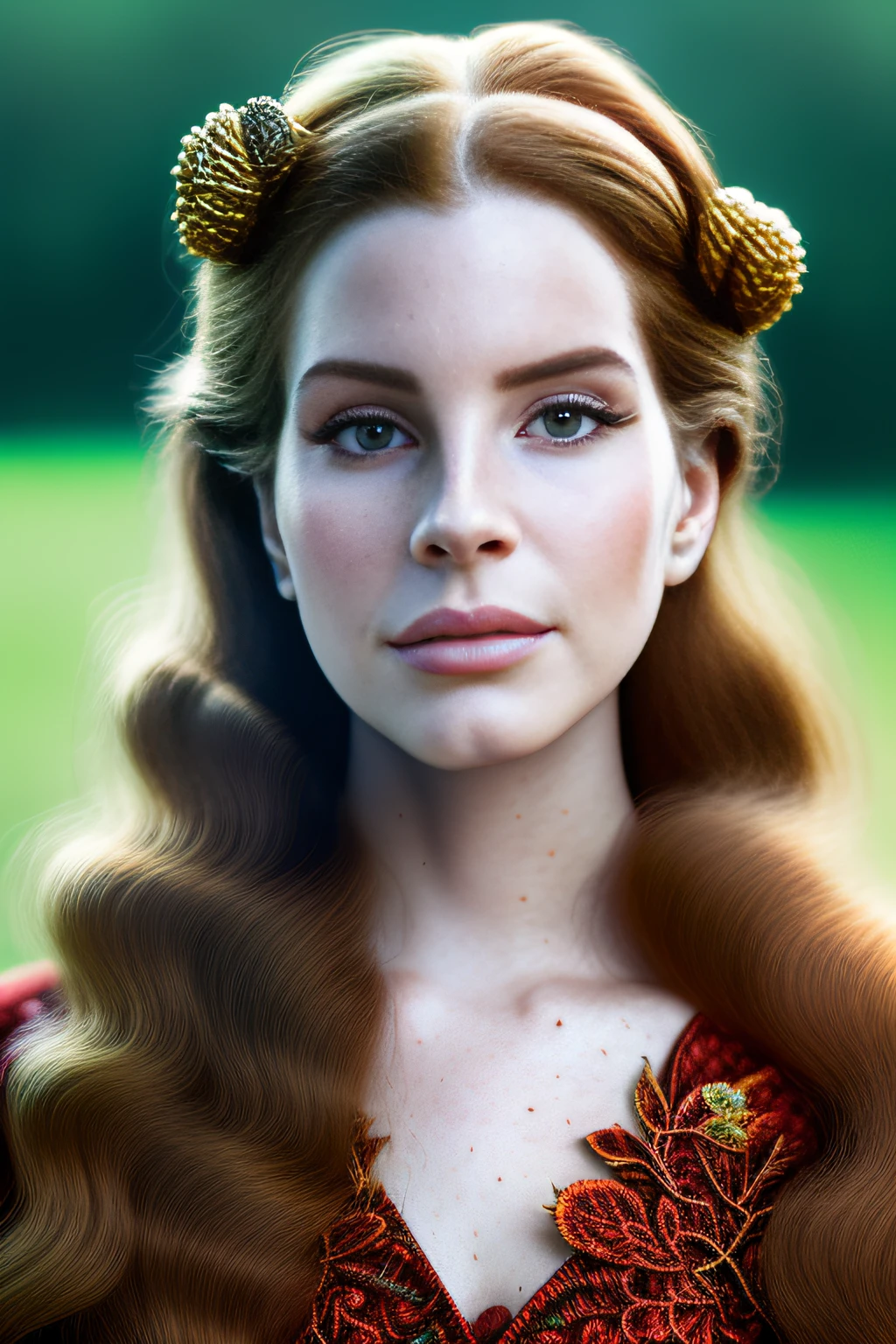 ((best quality)), ((ultra res)), ((photorealistic)), (intricate details), 19 years old Lana Del Rey, (breaded hair), wearing a viking armor, outdoor, ginger hair, perfect face, make up:1.5, light on face, face detail,