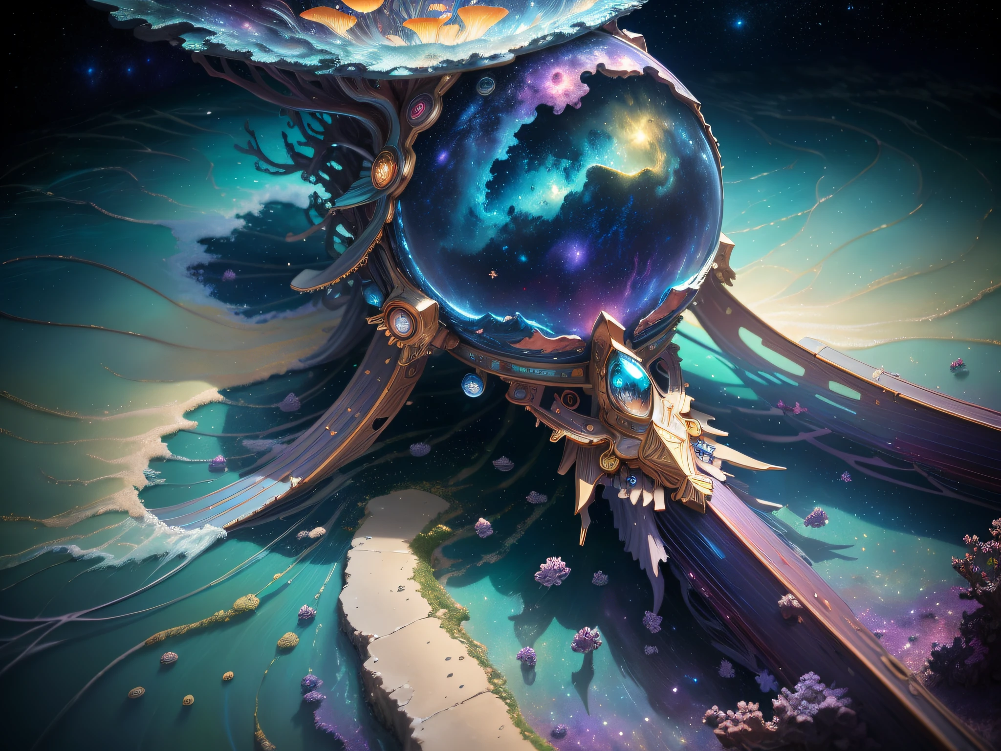 ((best quality)), ((masterpiece)), (detailed), oil painting, (nebula under the sea:1.3), (galactic:1.2), celestial, ocean, (incredibly detailed:1.1), (complex details:1.2), (Studio Ghibli influence:1.1), mosaic, (photorealistic:1.2), volumetric lighting, (ray tracing:1.1), well lit, (octane render:1.1), (Art Nouveau style:1.2)