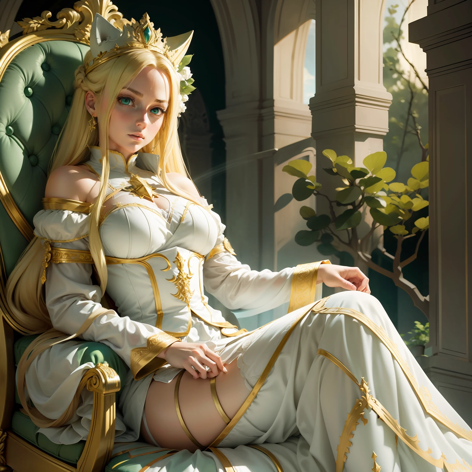 Blonde girl sitting on a white throne in a palace, most realistic and detailed image possible, dreamlike quality, fluid dynamics, animated, strong angle, strong pose, green eyes, subtle noises, soft lighting, sharp outline, confident feminine expression expression