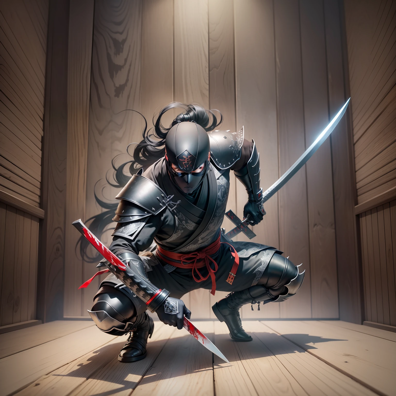 Black and Silver Suit Ninja Upside Down,Wooden Wall,Shurikens Stuck In Wood,Katana,Blood,Night,Light Beam,Full Body,Ink Style,Oriental Hatch,Feudal Japan,Samurai,Artwork,3D,4K,Detailed,Realistic