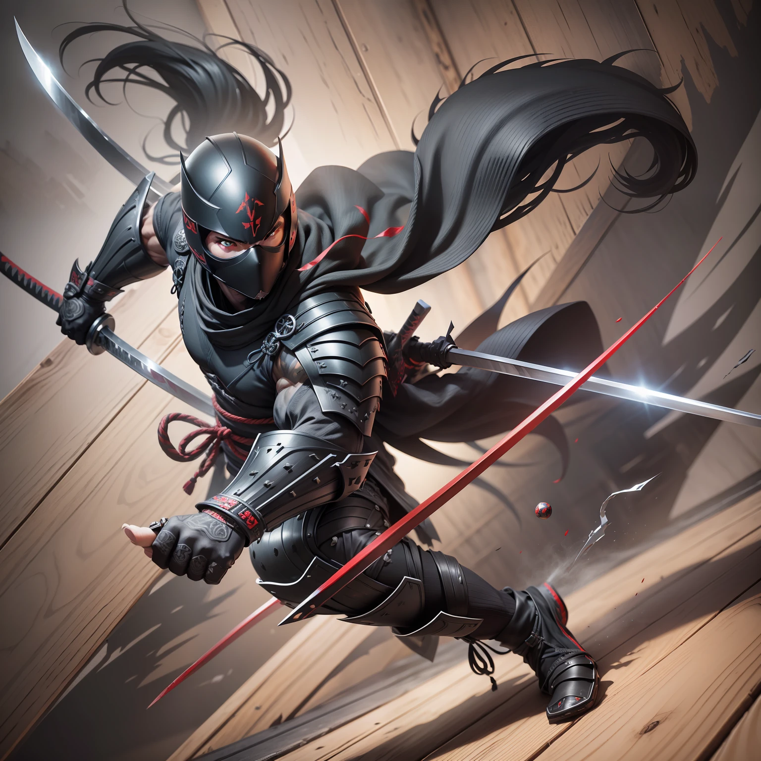 Black and Silver Suit Ninja Upside Down,Wooden Wall,Shurikens Stuck In Wood,Katana,Blood,Night,Light Beam,Full Body,Ink Style,Oriental Hatch,Feudal Japan,Samurai,Artwork,3D,4K,Detailed,Realistic