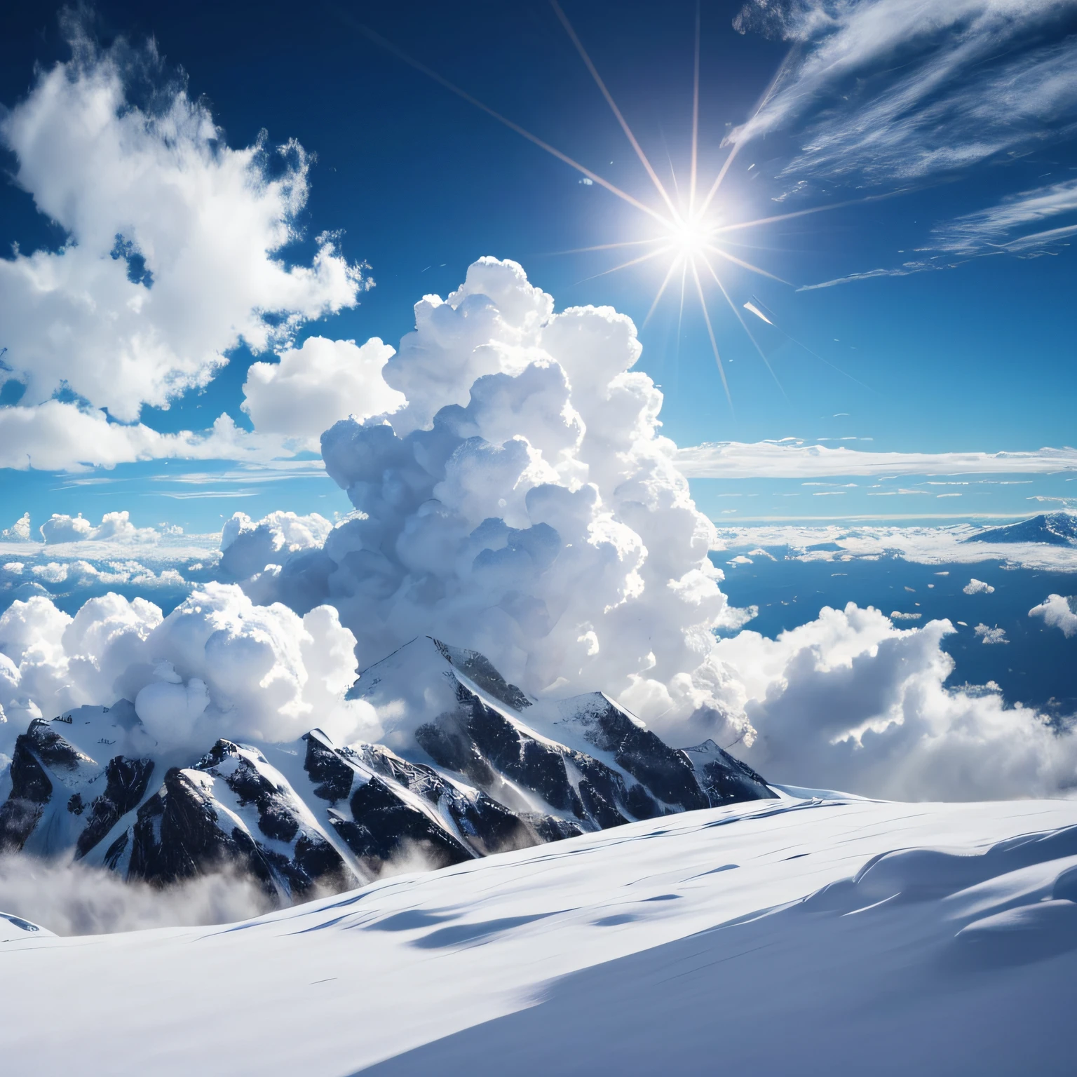 The top of the snowy mountain, the background is a mountain, huge clouds, like marshmallows, fluffy clouds, a large number of clouds, hyper-realistic, --auto --s2