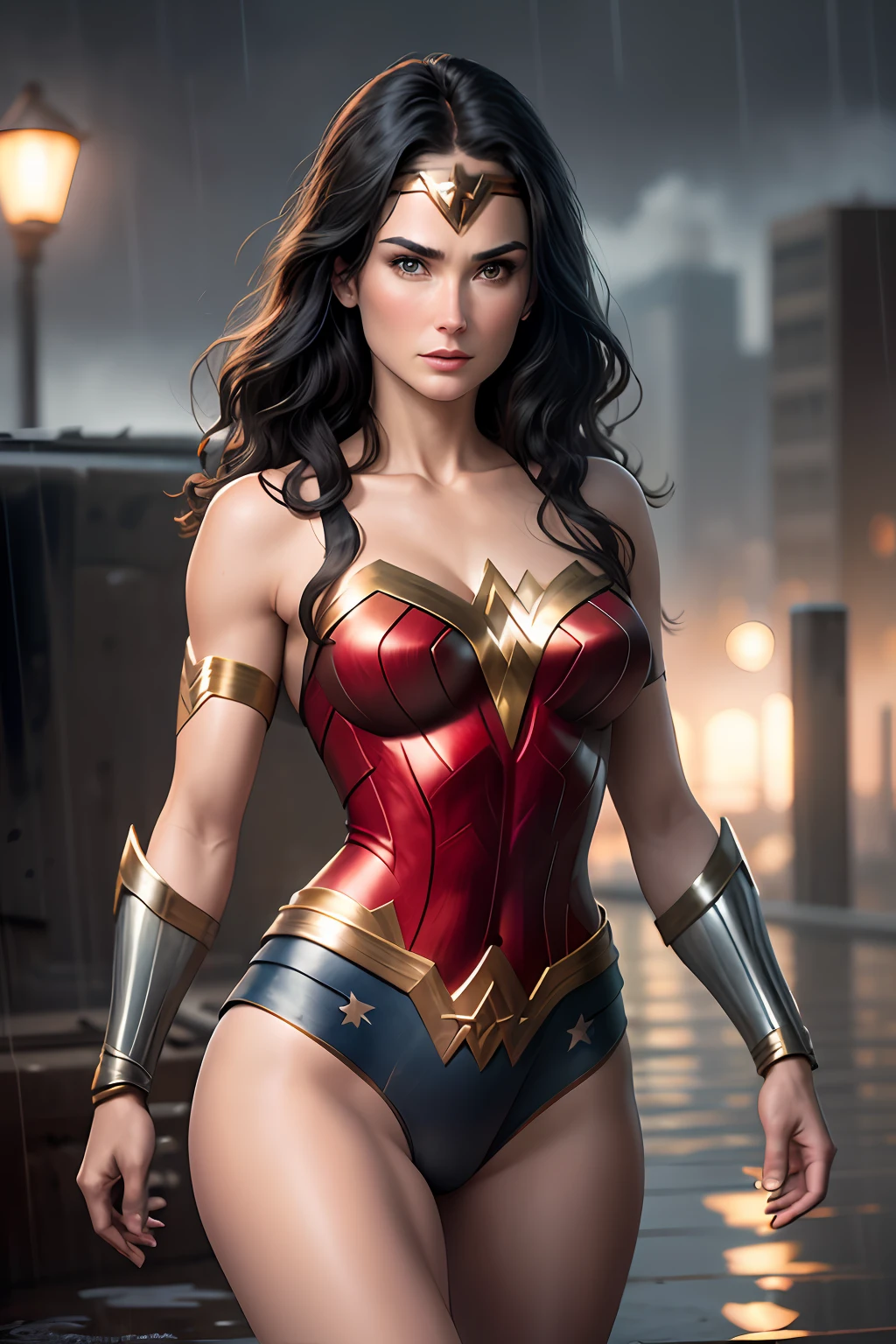 Actress Demi Moore, wonder woman outfit, short and uncut hair, blonde, beautiful face, rain, roof, masterpiece, intricate details, perfect anatomy