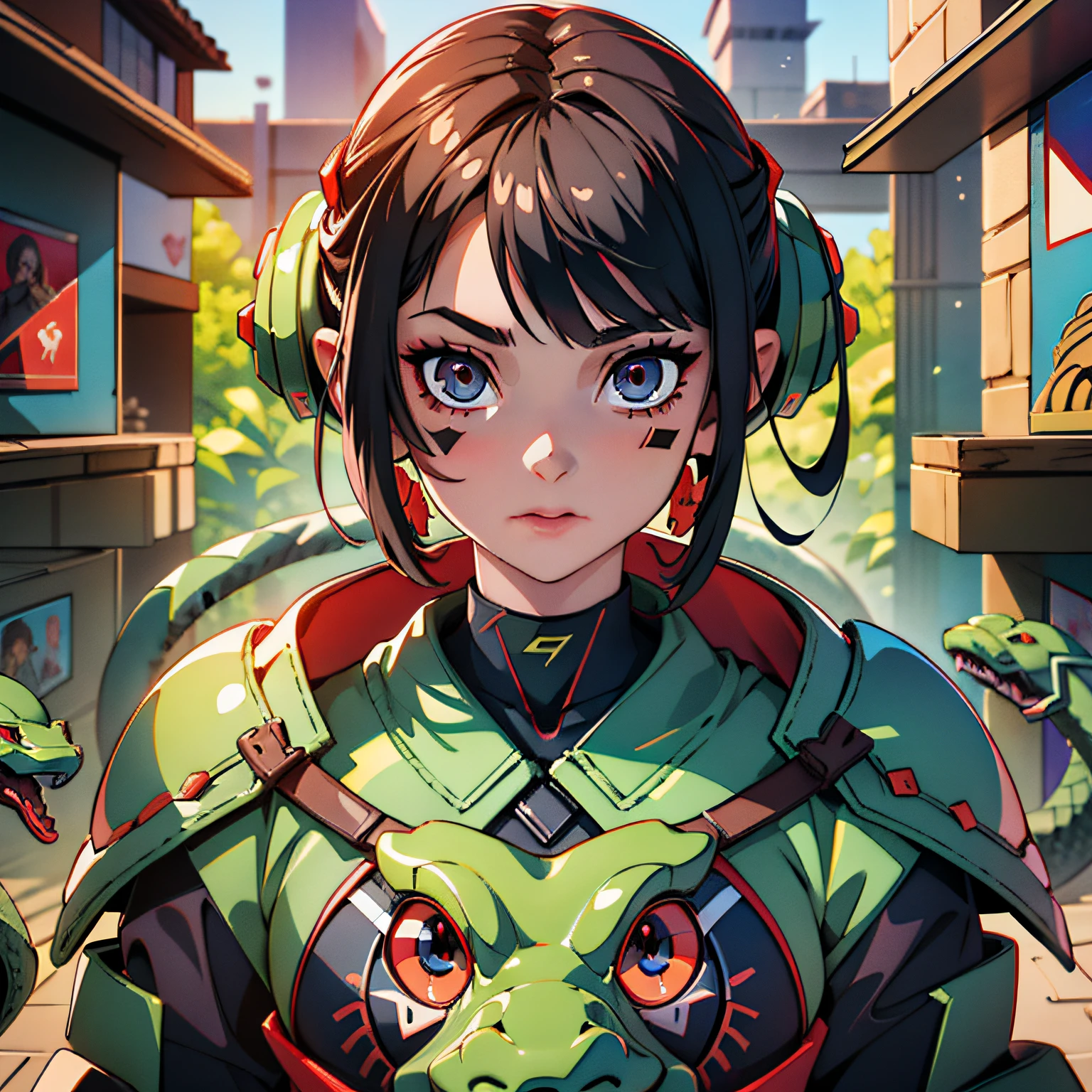8K, Dark_Fantasy, delicate face, (snake pupil: 1.5), standing full body portrait, one eye black, one eye red, 1 person, mechanical miracle, robot presence