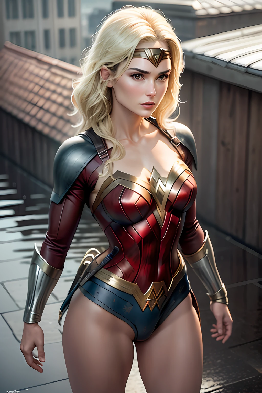 Actress Demi Moore, wonder woman outfit, short and uncut hair, blonde, beautiful face, rain, roof, masterpiece, intricate details, perfect anatomy