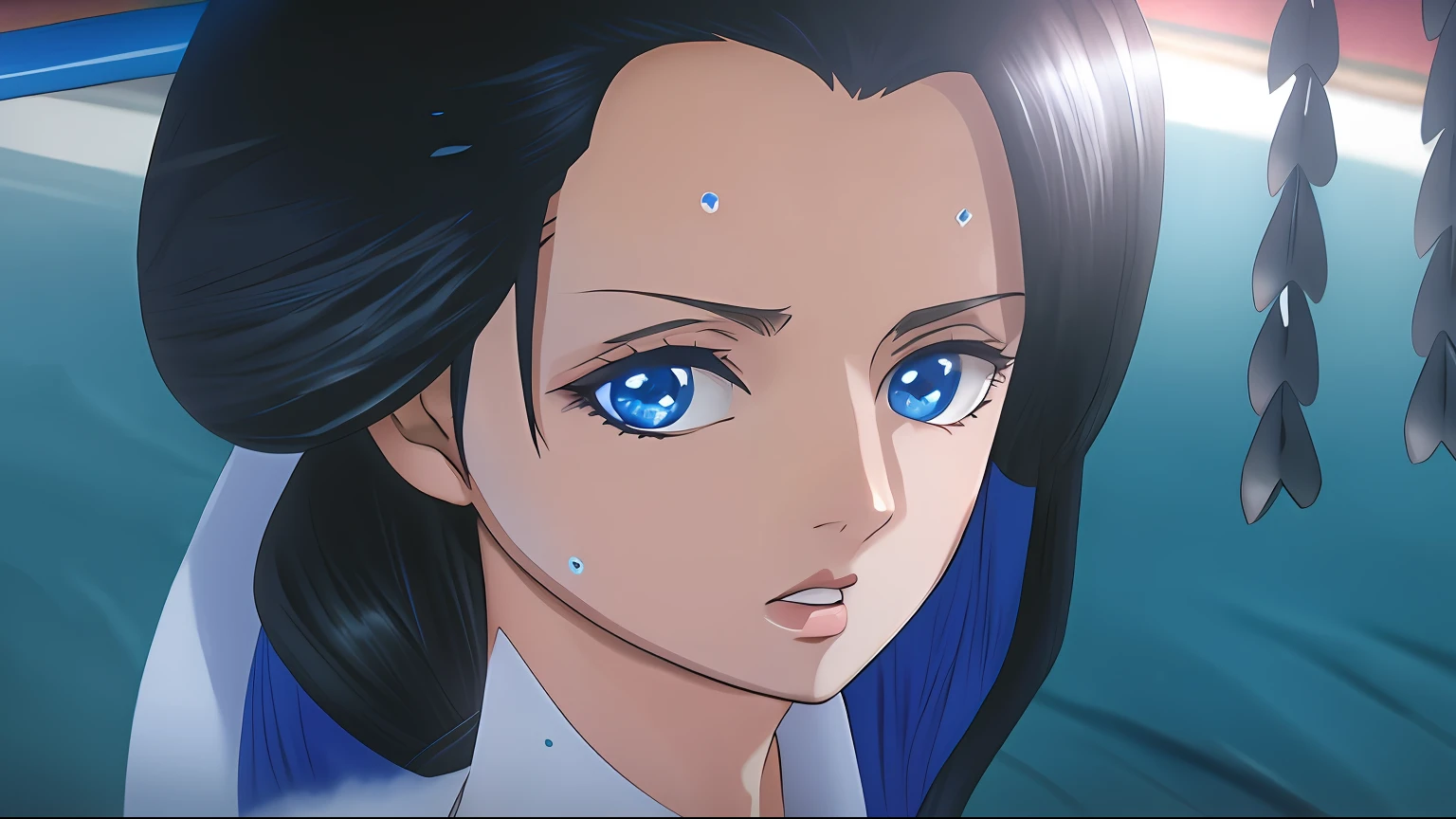 Anime Girl with Long Black Hair and Blue Eyes Holding a Stick, Nico Robin, close up of a Young Anime Girl, Anime Visual of a Young Woman, Anime Movie Screenshot, In A Mixed Style of Æon Flux, From One Piece, Screenshot From The Anime Film, 2 0 1 9 Anime screenshot, screenshot From Guro Anime, Maya Fey from Ace Attorney, Obra Prima!!!