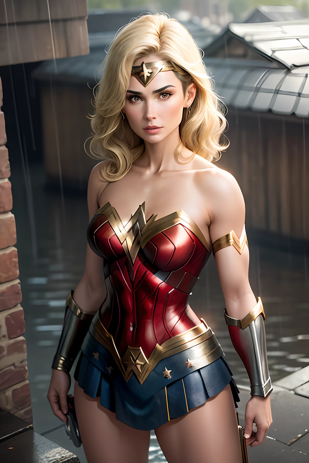 Actress Demi Moore, wonder woman outfit, short and uncut hair, blonde, beautiful face, rain, roof, masterpiece, intricate details, perfect anatomy