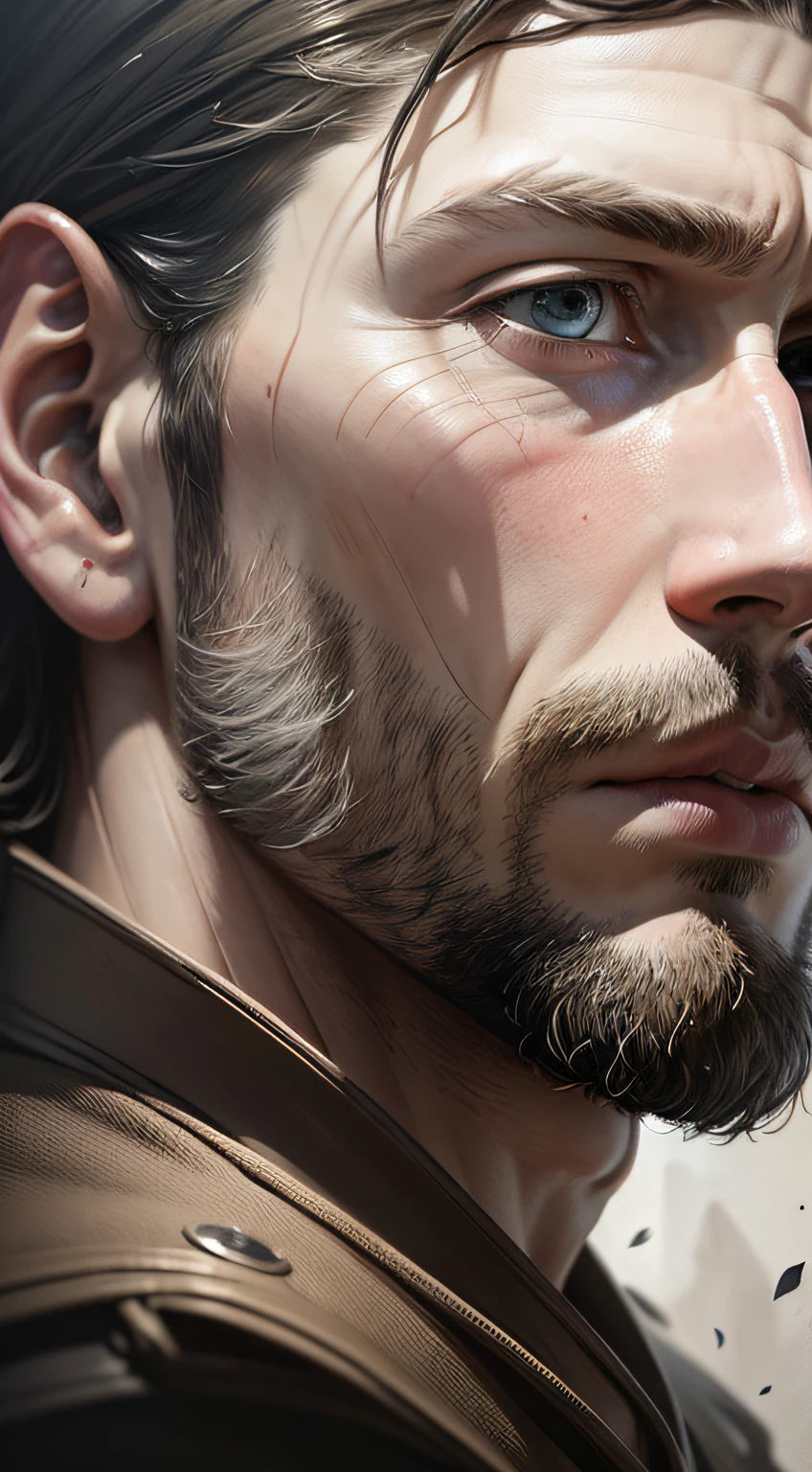 ((best quality), (masterpiece), (detailed)), A portrait of the fearless English explorer John White in the style of John White, showing the realistic movement. The composition captures White's confident demeanor and adventurous spirit. His rough features are meticulously rendered, highlighting the intensity in his eyes and the determination in his face. The lighting accentuates the play of shadows and highlights, adding depth and dimension to the portrait. The background could depict a subtle landscape that suggested the vast uncharted territories White ventured into. The overall atmosphere is one of authenticity and meticulous attention to detail, reminiscent of John White's artistic style. The camera angle for this photo would be a slightly tilted three-quarter view, capturing White's profile and emphasizing his strong presence.