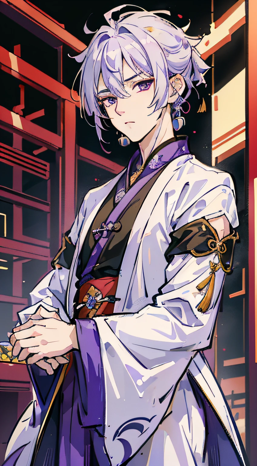 Purple Hanfu man with white hair and short hair, handsome guy in Demon Killer Art, Keqing in "Genshin Impact", Zhongli in "Genshin Impact", Casimir Art, Hirase Jinyao, Asteri Lorne, Di Renjie, Yang J, G Liulian Art Style, 2. 5 D CGI anime fantasy artwork --auto --s2