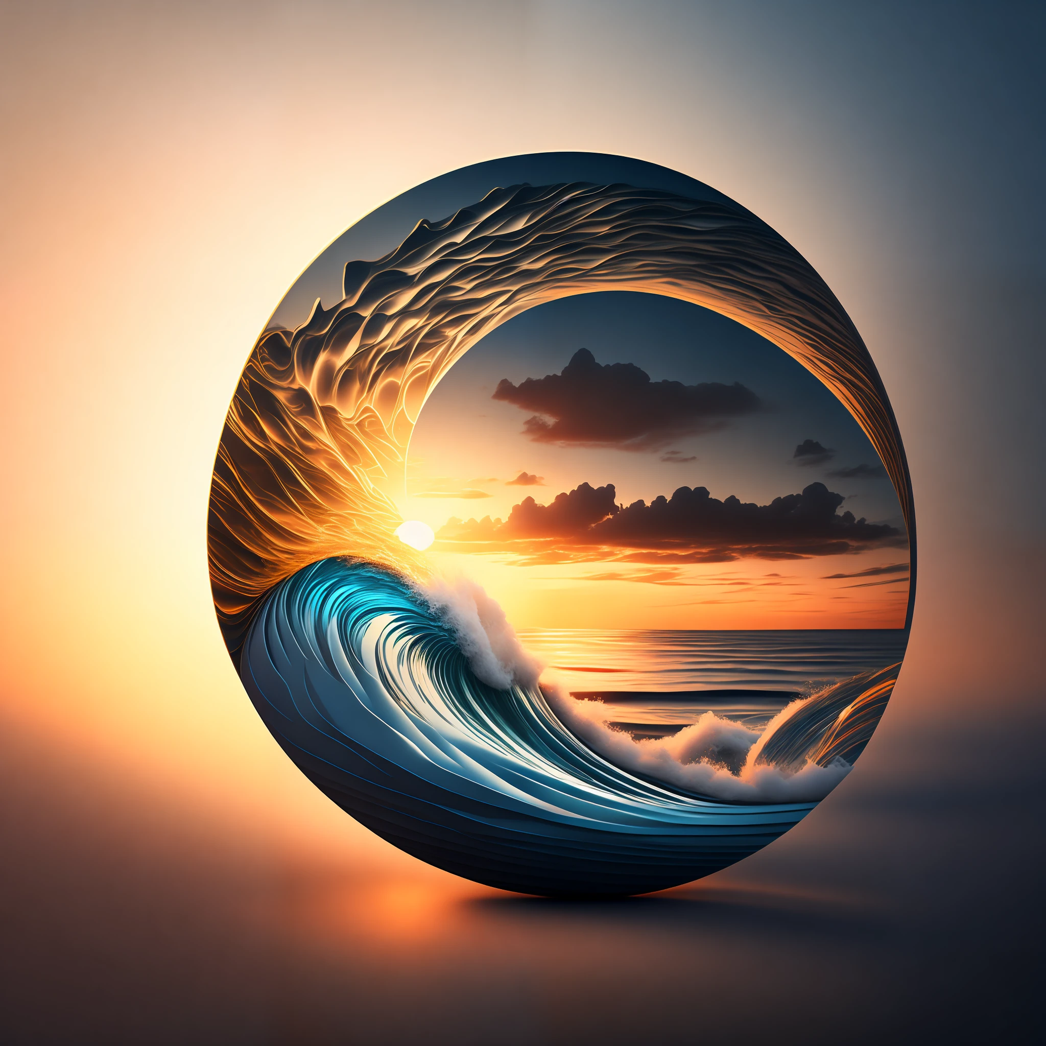 Masterpiece, HD, logo design, graphic design, wave rolling, sunrise, sea and sky, simple, tiled, masterpiece, best picture quality, super detailed, depth of field + realism, super detailed, circular logo design