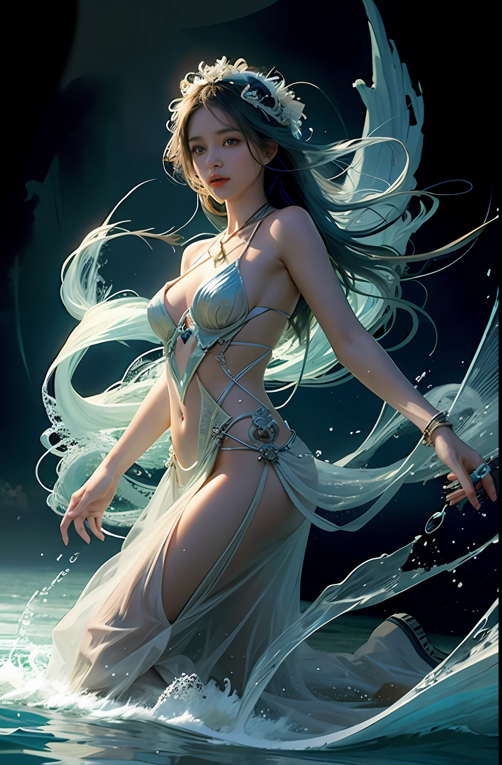 1girl,Beautiful,Magic Style,best quality,masterpiece,(rainbow-candy:0.8),(Half-body:1.3),Ocean,Cool Tone,low saturation,