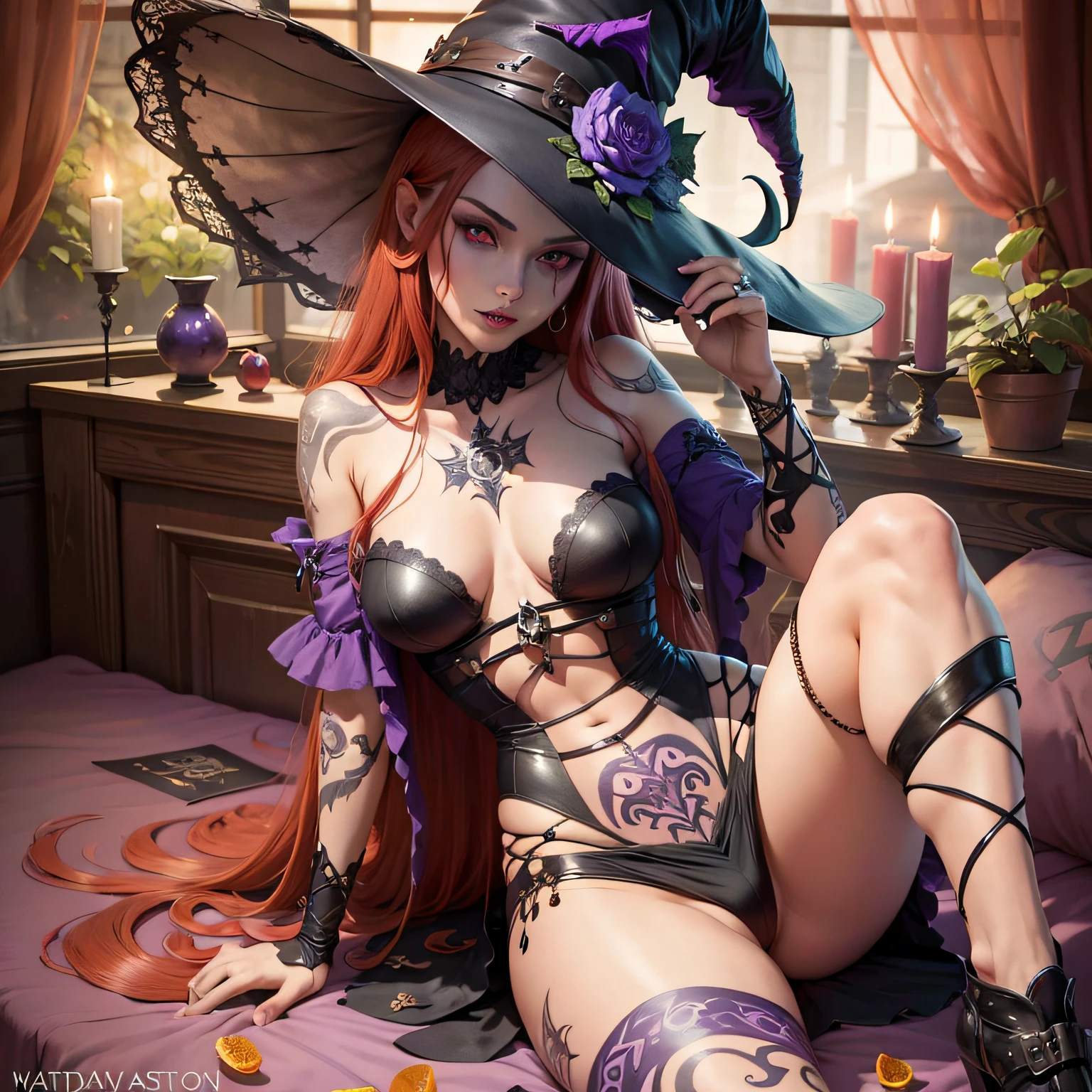 witch, witch hat, long red hair, tattooed arms, purple eyes, vampire teeth, lying on a bed, sensual position, short clothes, best quality, good anatomy, detailed face, 4k, masterpiece, detailed eyes --auto --s2