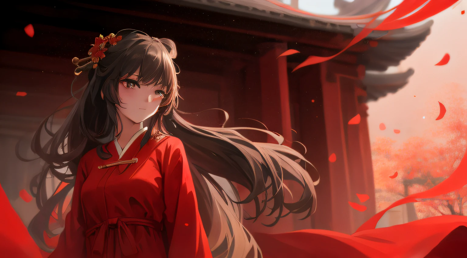 Anime girls wear red dresses, red shawls and red flowers, palaces, Hanfu girls, flowing hair and robes, (all body). Guvitz, Yang J, Shi Tao, Guvez style artwork, Guviz of the Pixiv Art Station, Artgerm and Atey Ghailan, wearing beautiful red cloaks