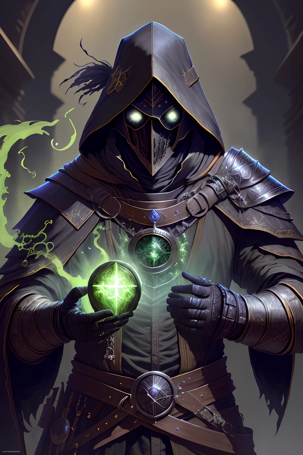 Create an ultra-detailed, best quality, high-resolution masterpiece depicting a medieval man, with black plague doctor's mask, infiltrating his body with green energy " perfect shadows, high quality shading, photorealistic,