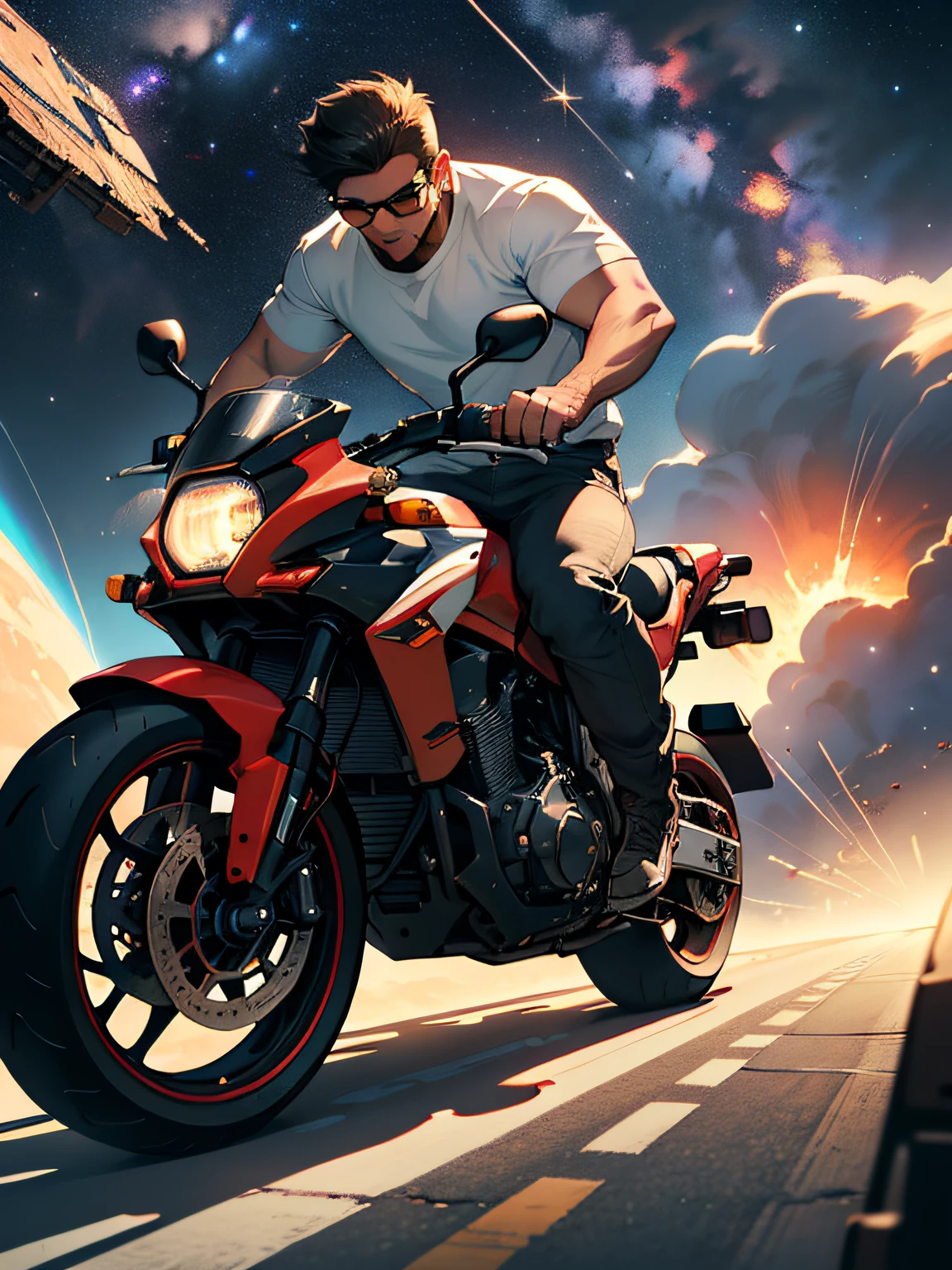 Masterpiece, best quality, (very detailed CG unified 8k wallpaper) (best quality), (best illustration), (best shadow), super detailed, , a man wearing a white T-shirt with a black jacket, riding a red mecha motorcycle, (white dog running next to it), surrounded by the Milky Way, space station, cable, meteorite, full body, full shot, --v6