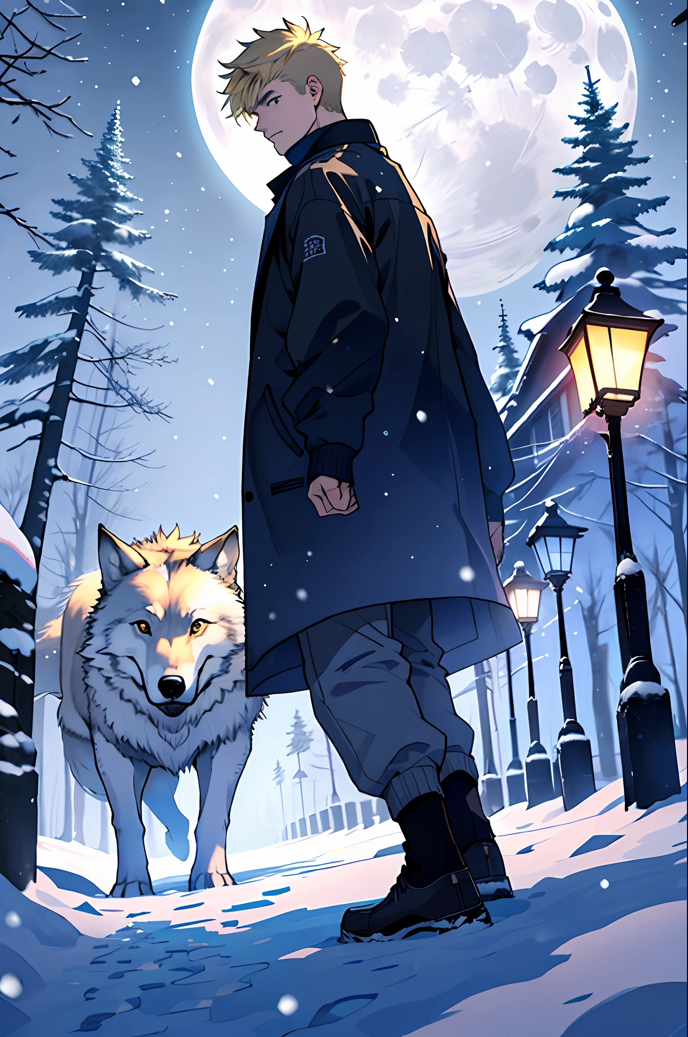 Top quality, serious, (night: 1.4), 15 years old child has short blonde hair, back figure, there is a big wolf next to it, it is winter with bright snow fluttering under the moonlight.