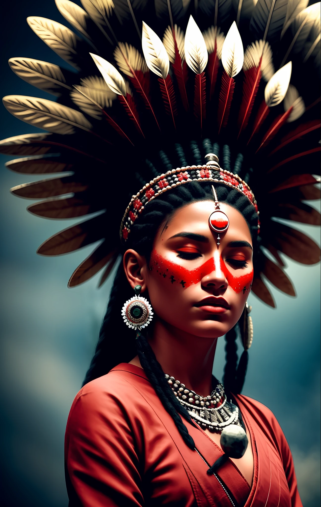 full portrait), (half shot), solo, detailed background, detailed face, (stonepunkAI, stone theme:1.1), sage, (female), (native indigenous Brazil), 50 years, (beautiful hair, braids:0.2), shaman, (septum piercing), mystic, head tilted upwards, (eyes closed, serene expression), calm, meditating, headdress green, white, red and black: 0.33, white dress, realistic skin texture, (floating particles, swirling water, embers, ritual, whirlwind, wind: 1.2), sharp focus, volumetric lighting, good highlights, good shading, subsurface scattering, intricate, highly detailed, ((cinematic)), dramatic, (highest quality, award-winning, masterpiece:1.5), (photorealistic: 1.5), (intricate symmetrical warpaint:0.5)