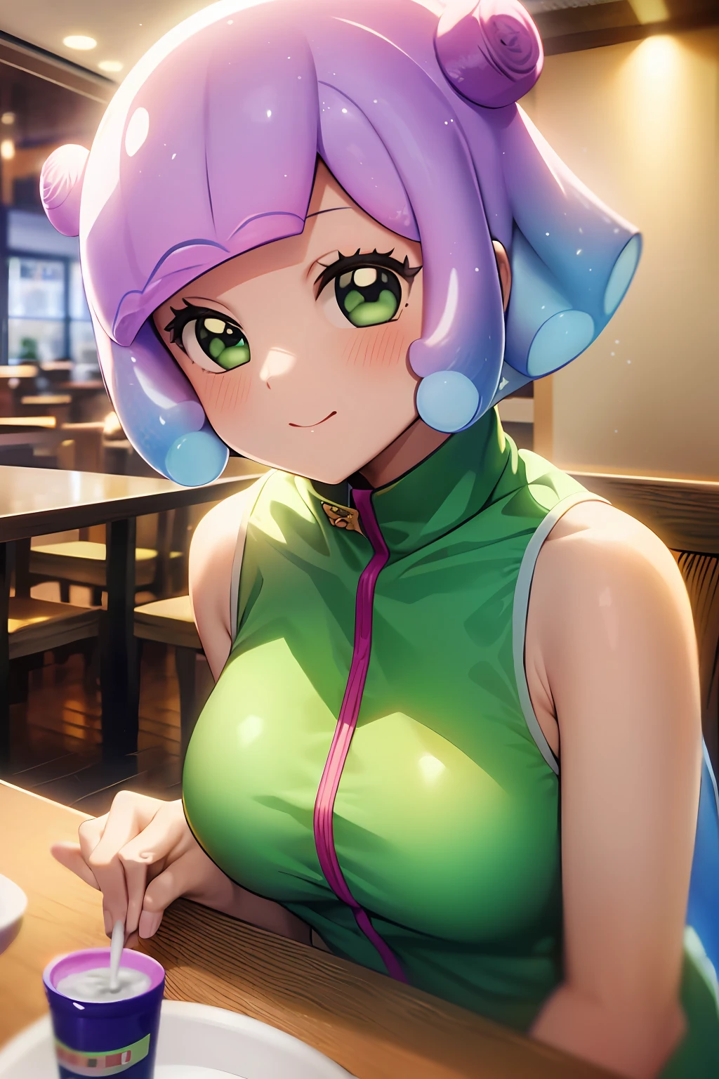 masterpiece, best_quality, 1girl, solo, puniru \(puniru wa kawaii slime\), puniru wa kawaii slime, gradient hair, bangs, green eyes, short hair, double bun, in a restaurant