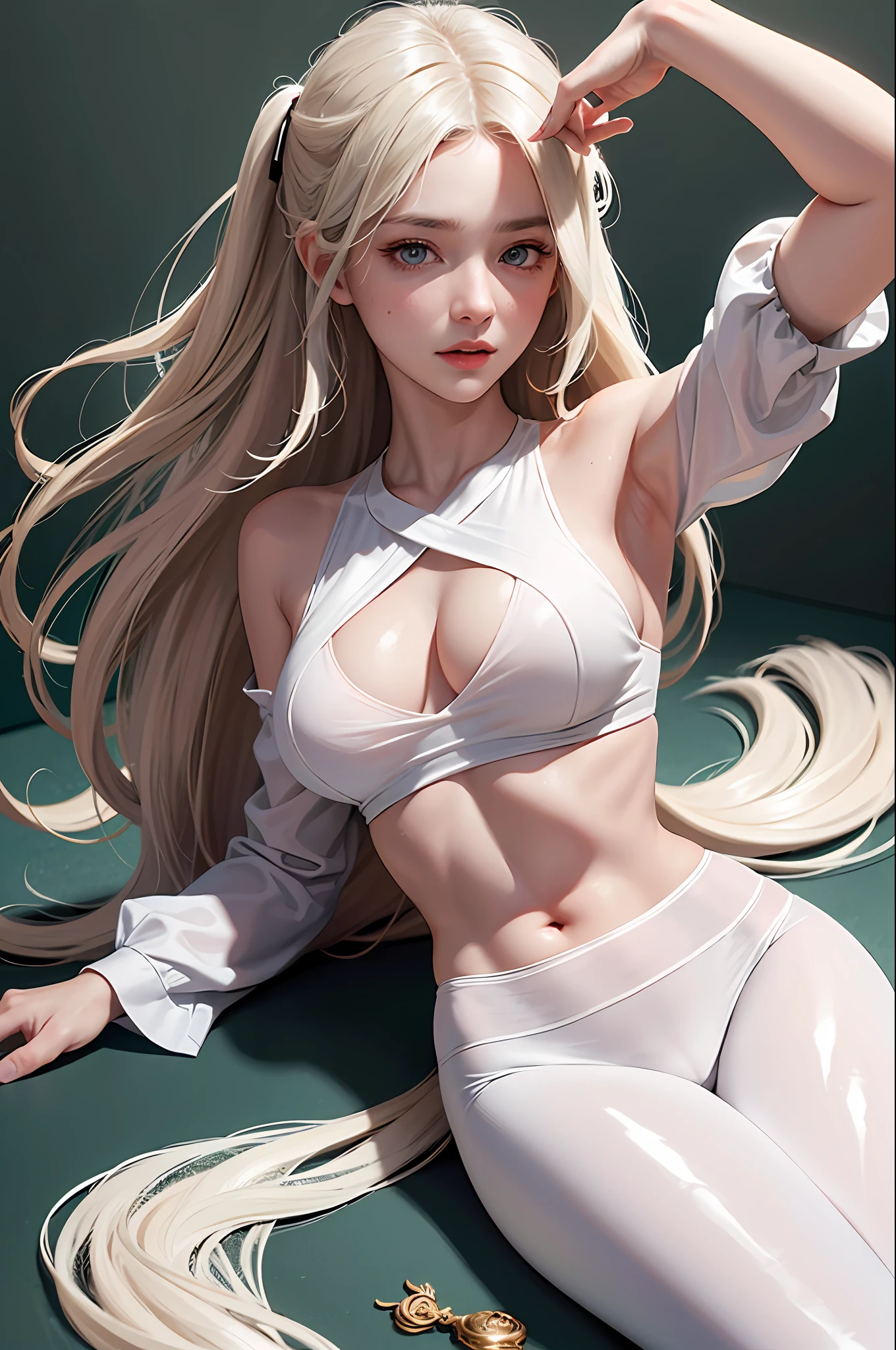 (hyperrealistic), (illustration), (high resolution), (8K), (extremely detailed), (best illustration), (beautiful detailed eyes), (best quality), (ultra-detailed), (masterpiece), (wallpaper), (detailed face), solo 1 girl, white wavy hair, korean, heterochromic eyes, small moles under the eyes, loose white shirt, yoga pants, big breasts, long legs, tight abs, camel toes, dynamic pose