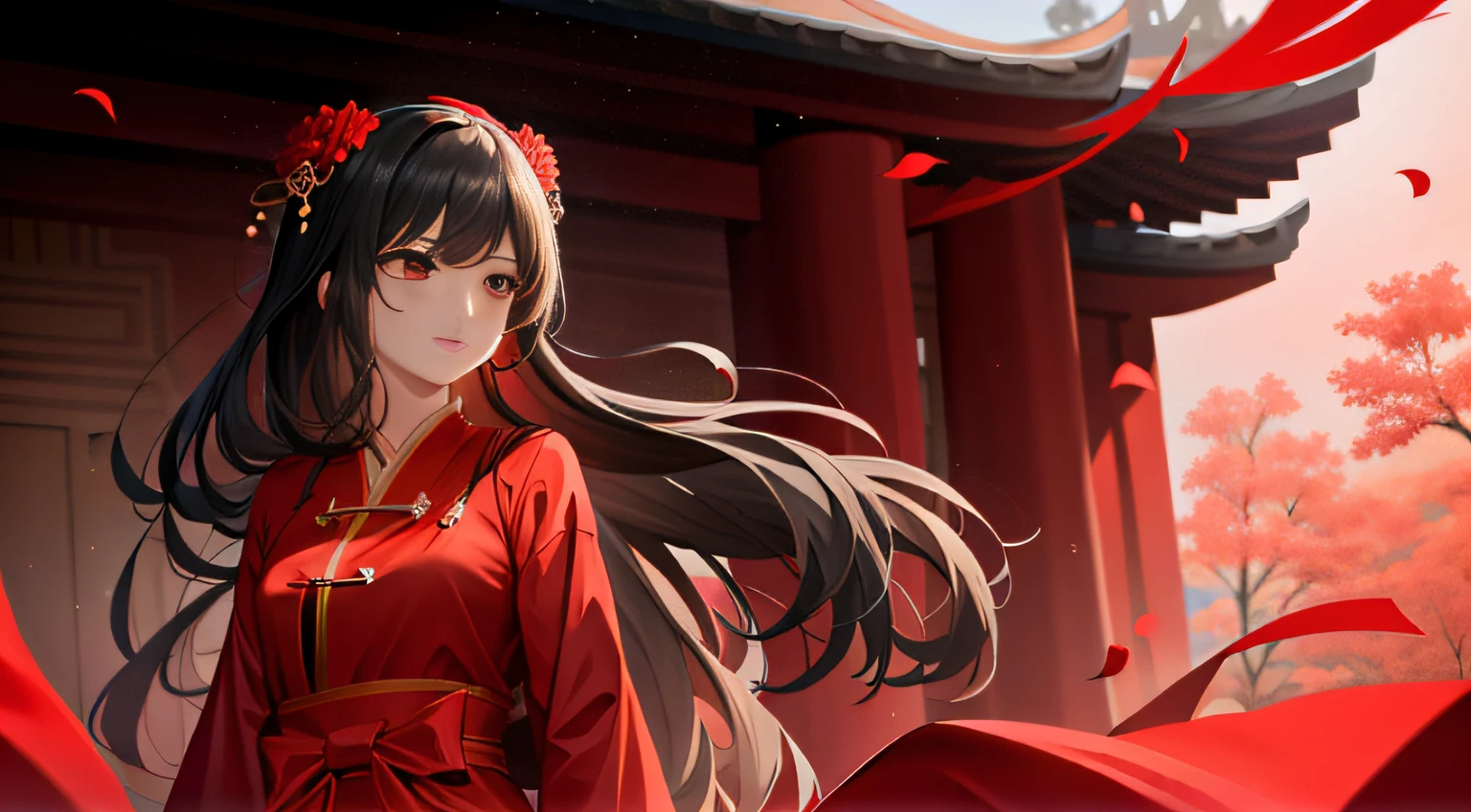 Anime girl wearing red dress, crying, red shawl and red flowers, palace, hanfu girl, flowing hair and robe, (full body view). Guvitz, Yang J, Shi Tao, Guvez style artwork, Guviz of the Pixiv Art Station, Artgerm and Atey Ghailan, wearing beautiful red cloaks