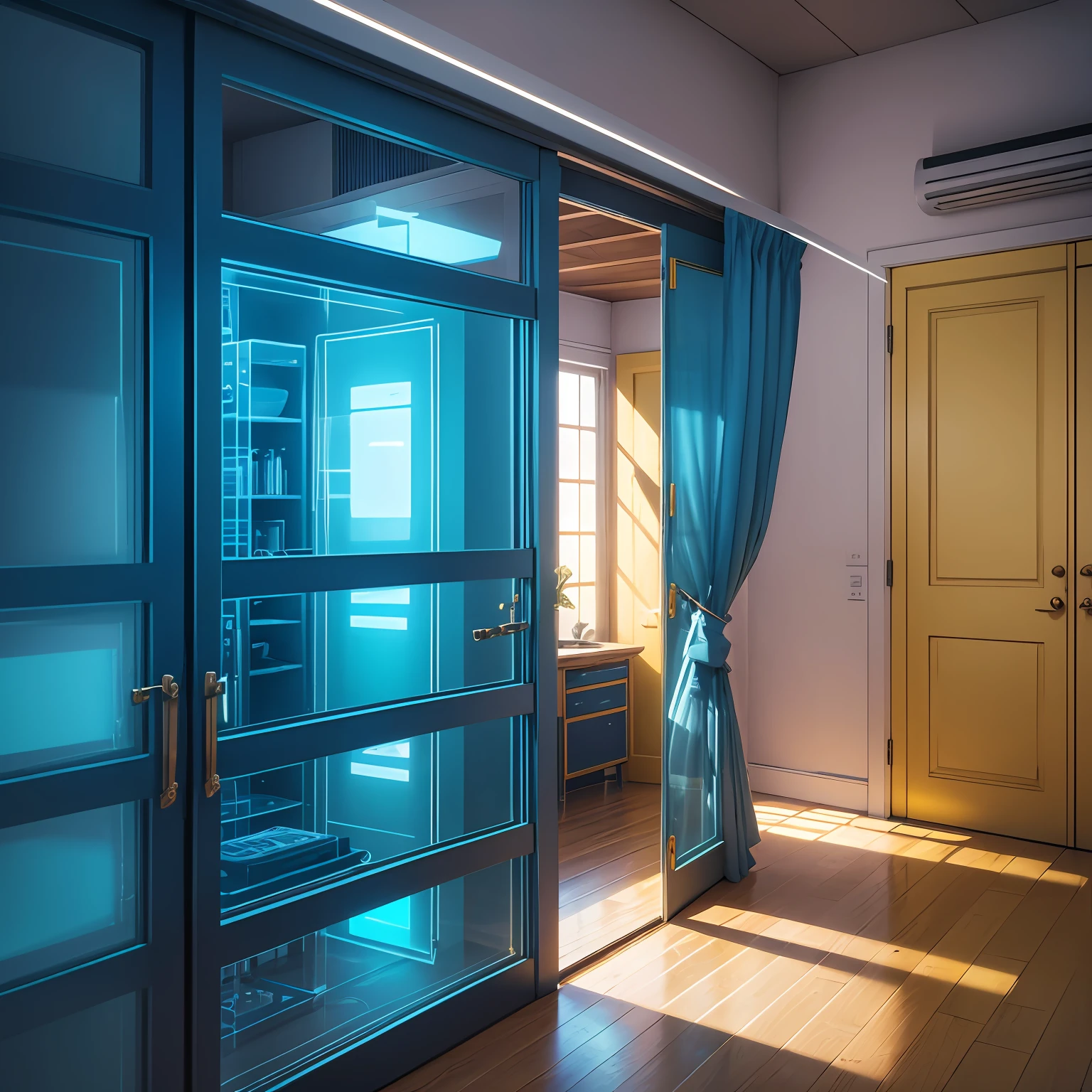 Tech cabin, Center of stage, Glass doors, Blue light, Yellow, Sense of technology, Mystery, UHD --auto --s2