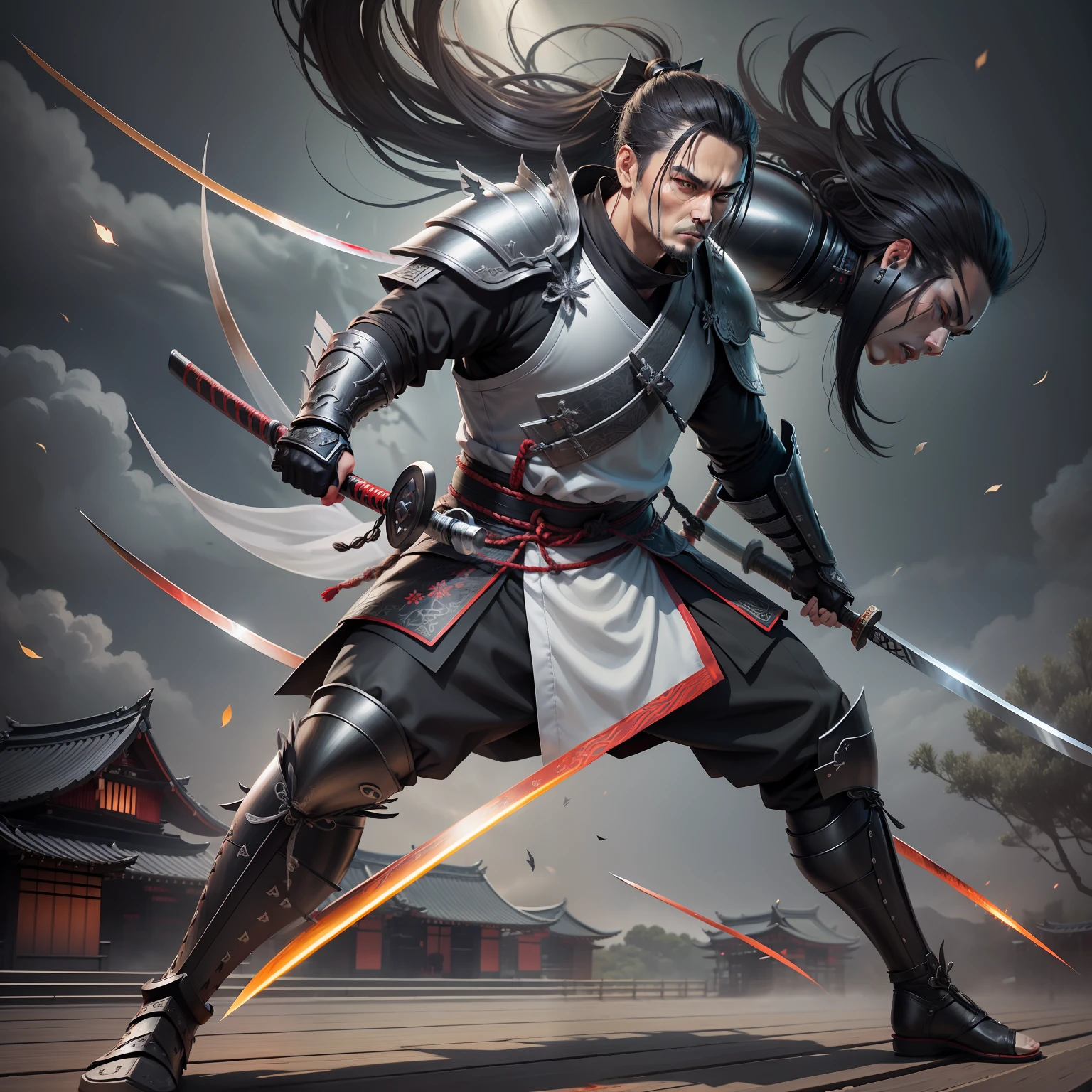 Black and Silver Clothing Samurai,Bamboo,Shurikens Stuck In Bamboo,Katana,Blood,Night,Open Sky,Light Beam,Full Body,Ink Style,Oriental Hatch,Feudal Japan,Samurai,Artwork,3D,4K,Detailed,Realistic