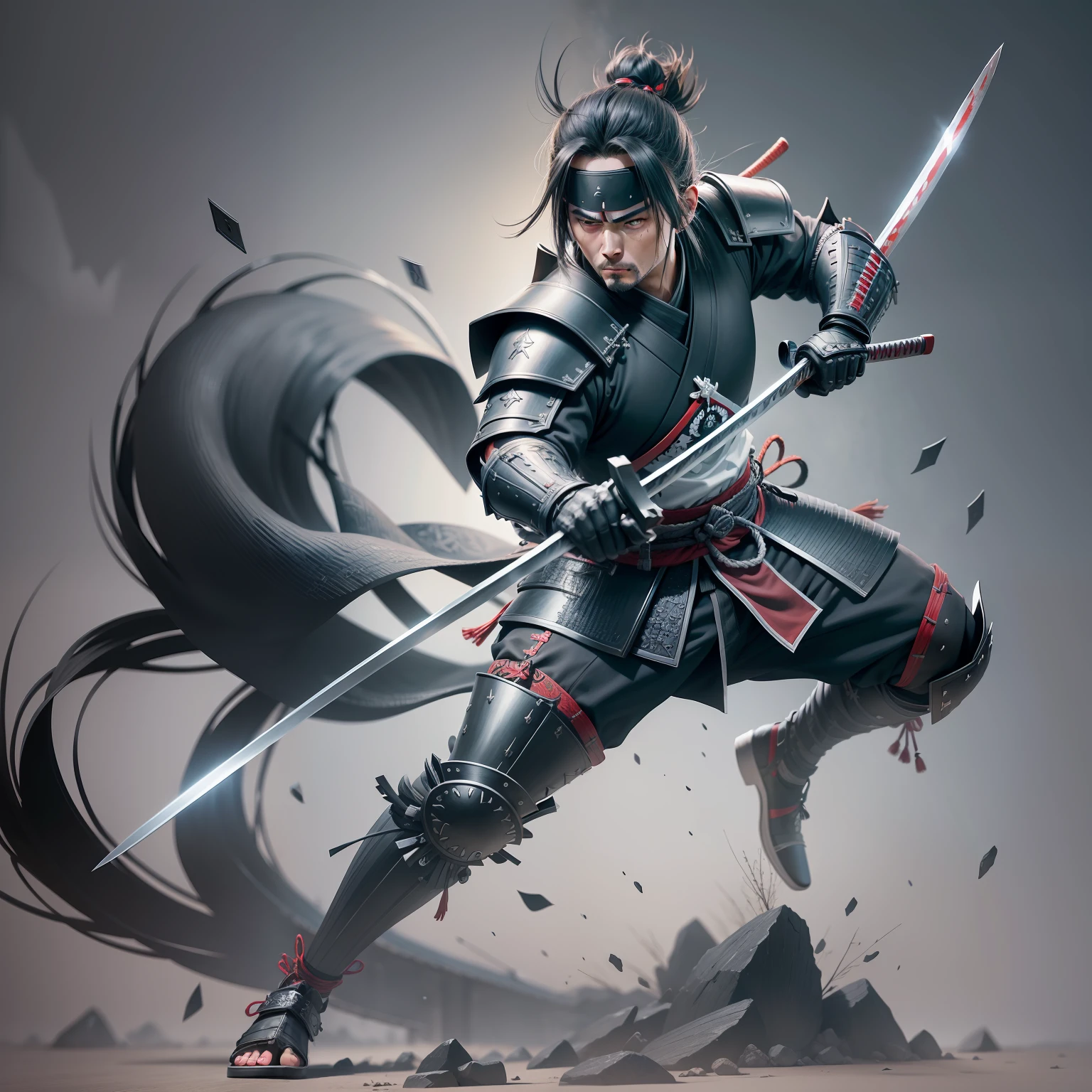 Black and Silver Clothing Samurai,Bamboo,Shurikens Stuck In Bamboo,Katana,Blood,Night,Open Sky,Light Beam,Full Body,Ink Style,Oriental Hatch,Feudal Japan,Samurai,Artwork,3D,4K,Detailed,Realistic
