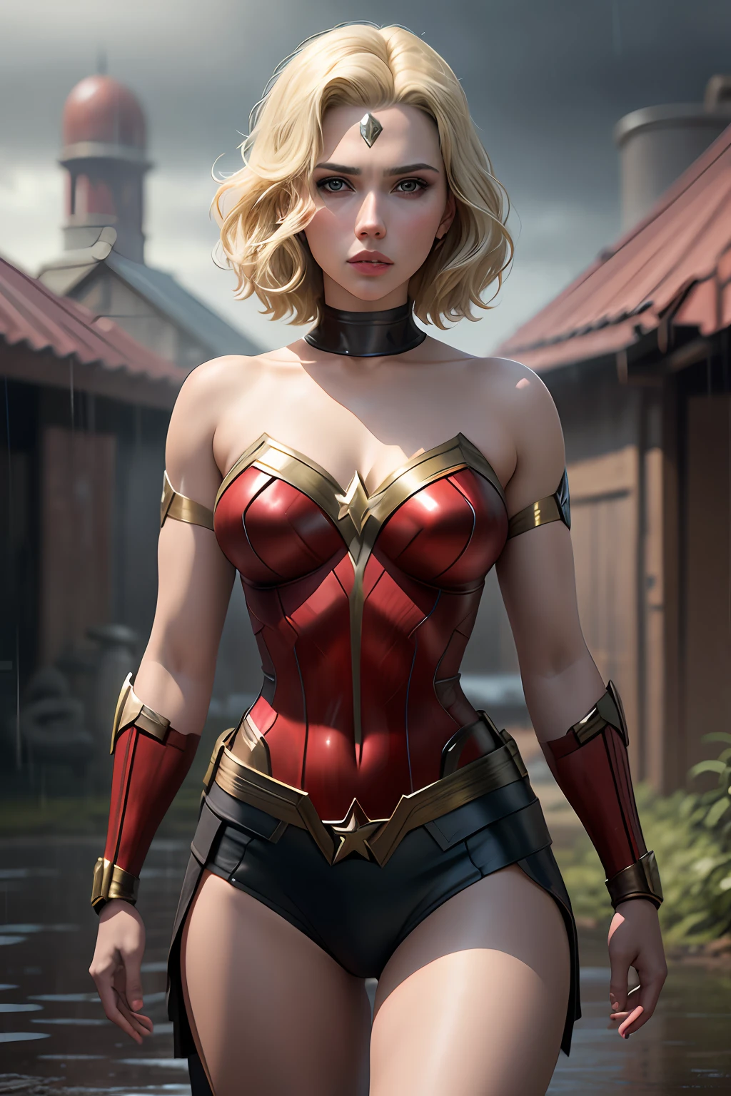 Actress Scarlett Johansson, wonder woman outfit, short and uncut hair, blonde, beautiful face, rain, roof, masterpiece, intricate details, perfect anatomy