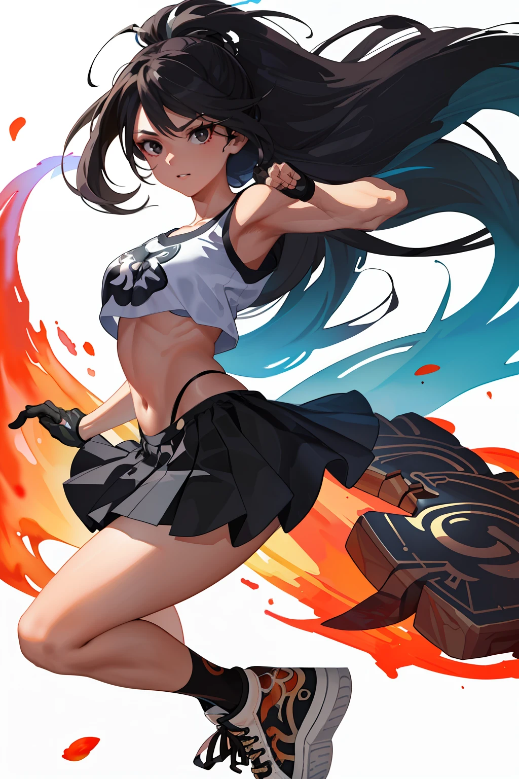 :: Joe Madureira Style:: Perfect and detailed beautiful woman and beautiful, perfect and detailed, ultra detailed anime style, clothes with tatoon drawings, in various full-body attack poses and with immersive effects, hover effect, graphite style background with vibrant colors "Ultra HDR" detailed and with focus effect,with All Star Converse Fixed Black Sneakers (masterpiece:  1.2, best quality), (finely detailed beautiful eyes: 1.2),extremely detailed, depth of field,shot with canon eos,lens 135mm f1.8,portrait of [x]()),long, straight and black hair,with a natural glow,(anime black eyes:1.4), (finely detailed eyes and detailed face:1.3),), (with ultra detailed black school skirt and fixed shape and color, white tatoom print t-shirt with fixed format Mandarin letters, ultra detailed:1.3), (beautiful and clear background:1.2), ultra-detailed, Best Shadow:1.1),("" character demonstrating his super power in the fist"")((depth of field and blur)), ((watercolor)), large breasts, bare shoulders, flowers and petals, bbela conceptual illustration , (white background:0.5), (illustration :1.1), (extremely thin and beautiful: 1.1), (perfect details: 1.1) graffiti style background, freedom, soul, digital illustration,  perfect anatomy, centered, approaching perfection, dynamic, highly detailed, watercolor painting, artstation, concept art, smooth, sharp focus, illustration,