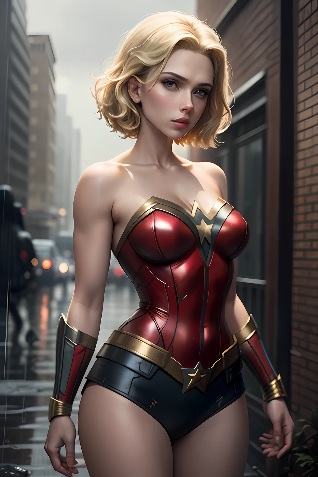 Actress Scarlett Johansson, wonder woman outfit, short and uncut hair, blonde, beautiful face, rain, roof, masterpiece, intricate details, perfect ???????