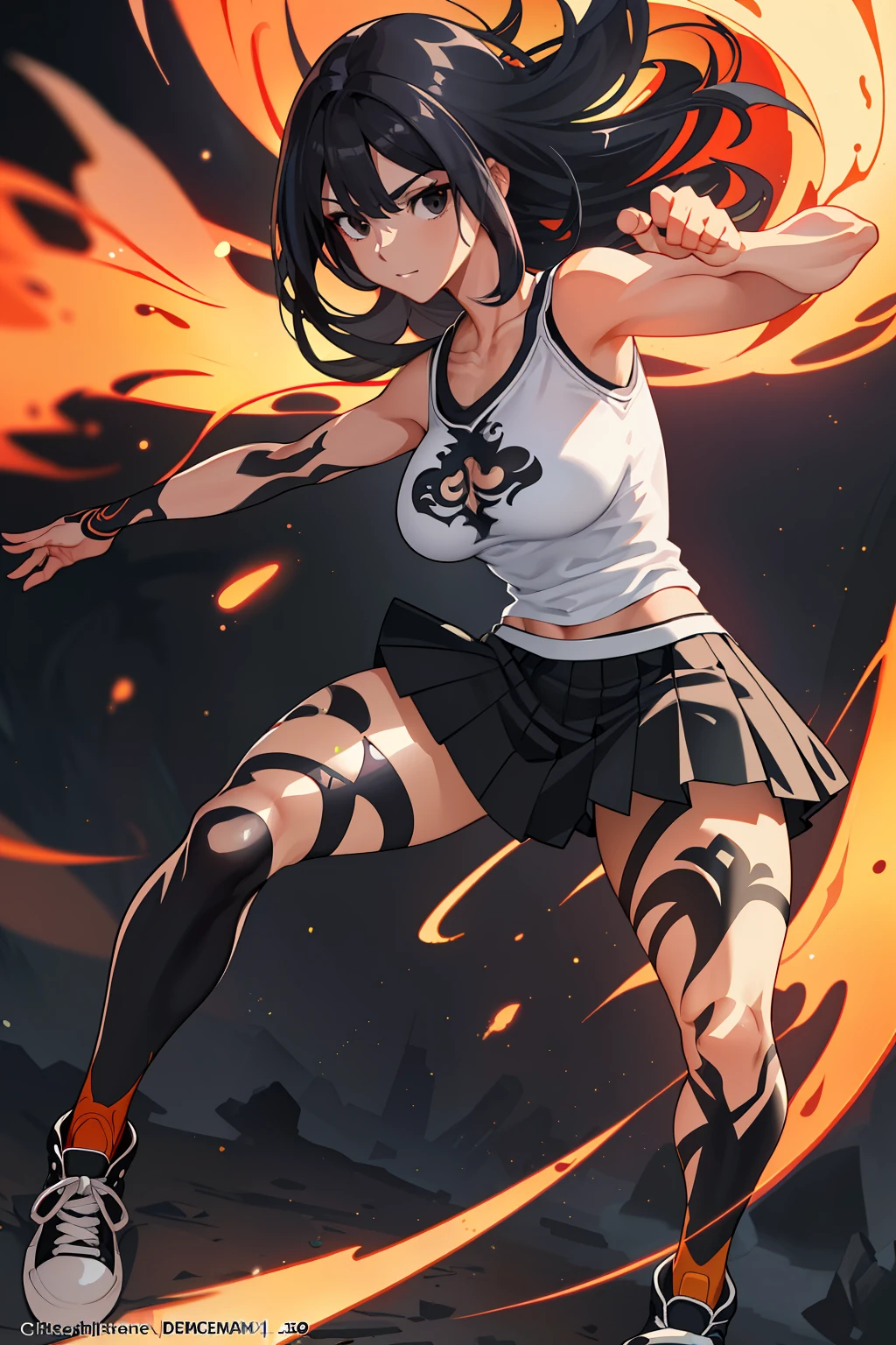 :: Joe Madureira Style:: Perfect and detailed beautiful woman and beautiful, perfect and detailed, ultra detailed anime style, clothes with tatoon drawings, in various full-body attack poses and with immersive effects, hover effect, graphite style background with vibrant colors "Ultra HDR" detailed and with focus effect,with All Star Converse Fixed Black Sneakers (masterpiece:  1.2, best quality), (finely detailed beautiful eyes: 1.2),extremely detailed, depth of field,shot with canon eos,lens 135mm f1.8,portrait of [x]()),long, straight and black hair,with a natural glow,(anime black eyes:1.4), (finely detailed eyes and detailed face:1.3),), (with ultra detailed black school skirt and fixed shape and color, white tatoom print t-shirt with fixed format Mandarin letters, ultra detailed:1.3), (beautiful and clear background:1.2), ultra-detailed, Best Shadow:1.1),("" character demonstrating his super power in the fist"")((depth of field and blur)), ((watercolor)), large breasts, bare shoulders, flowers and petals, bbela conceptual illustration , (white background:0.5), (illustration :1.1), (extremely thin and beautiful: 1.1), (perfect details: 1.1) graffiti style background, freedom, soul, digital illustration,  perfect anatomy, centered, approaching perfection, dynamic, highly detailed, watercolor painting, artstation, concept art, smooth, sharp focus, illustration,