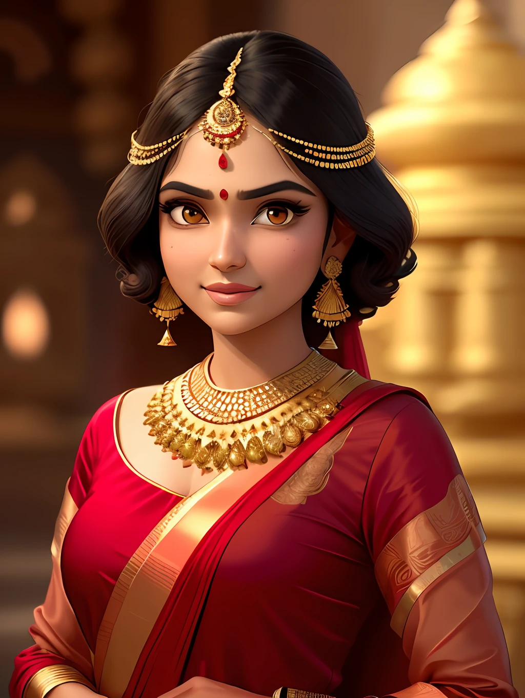 An extremely beautiful Indian young woman, wearing a rich Indian clothing and rich jewelry, in a golden Indian temple, pixar artstyle, emotional eyes, enigmatic smile, cinematic rim light, very feminine figure, dynamic juxtaposition, young beautiful woman, very high quality face, exploitable image, face neck shoulders, beautiful very feminine woman, stylized dynamic folds, serene woman, Pixar artstyle