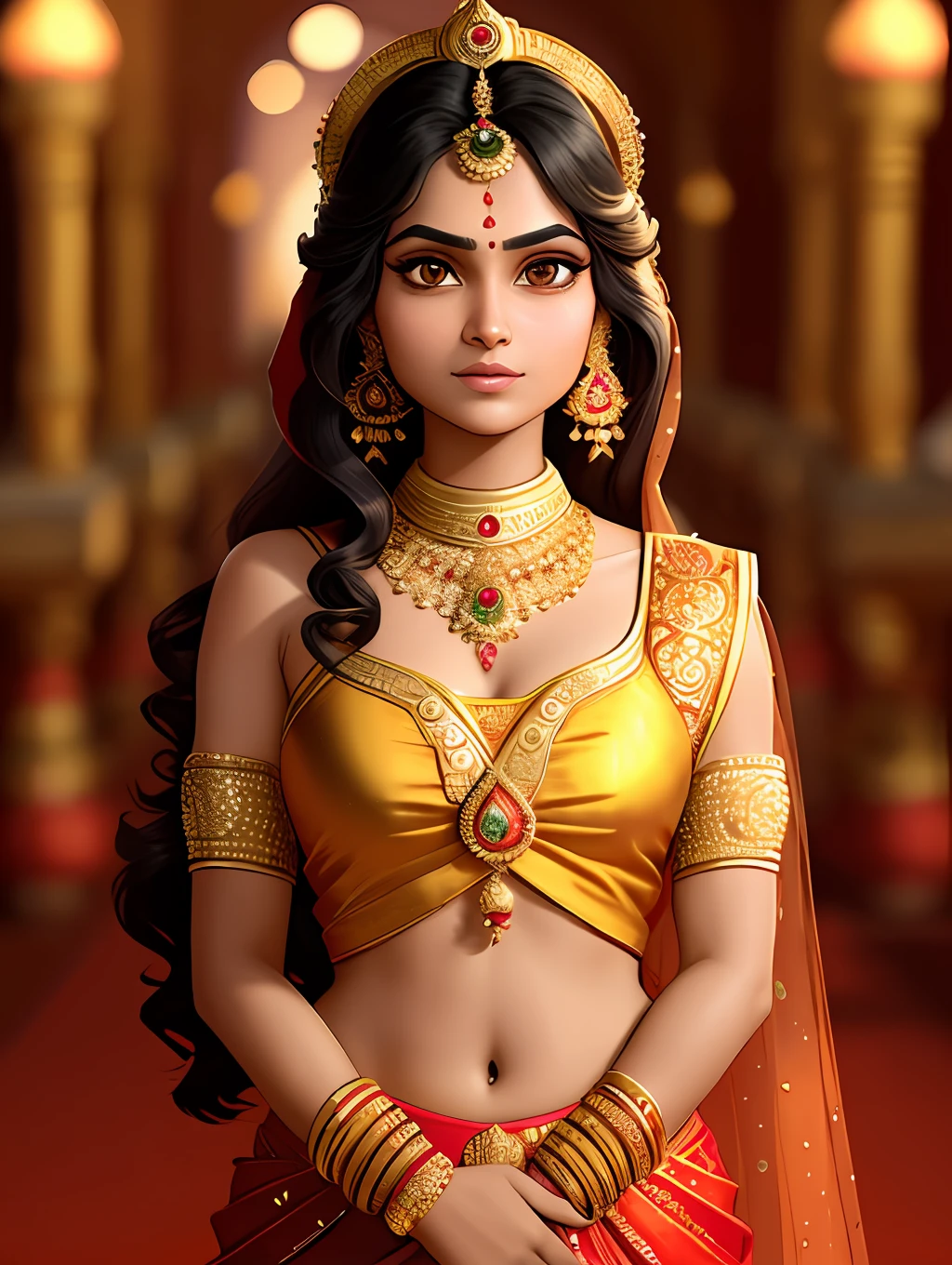 An extremely beautiful Indian young woman, wearing a rich Indian clothing and rich jewelry, in a golden Indian temple, pixar artstyle, emotional eyes, enigmatic smile, cinematic rim light, very feminine figure, dynamic juxtaposition, young beautiful woman, very high quality face, exploitable image, face neck shoulders, beautiful very feminine woman, stylized dynamic folds, serene woman, Pixar artstyle
