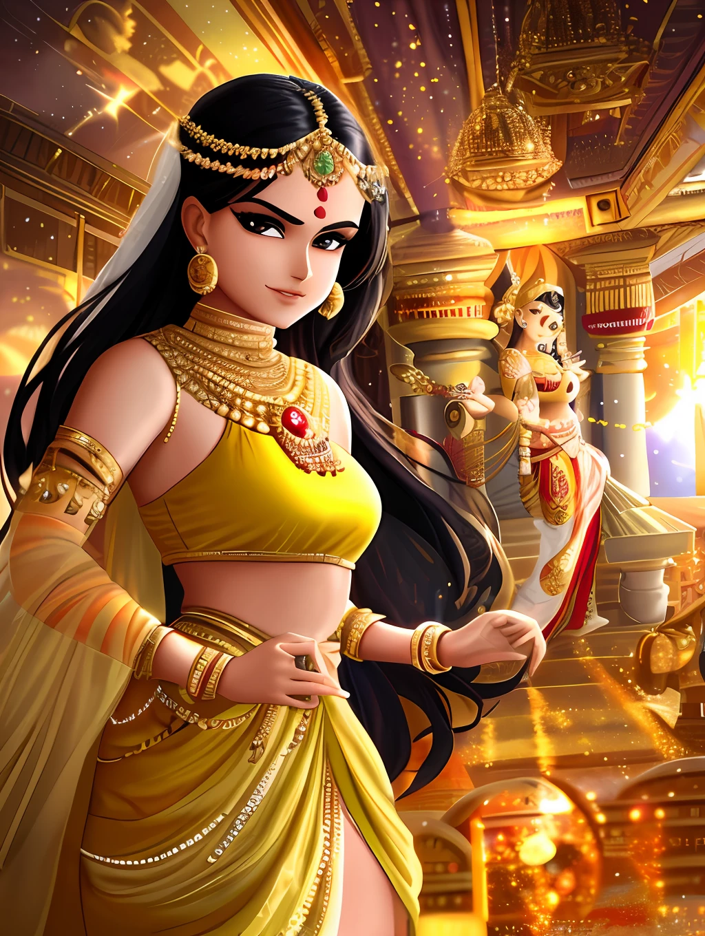 An extremely beautiful Indian young woman, wearing a rich Indian clothing and rich jewelry, in a golden Indian temple, pixar artstyle, emotional eyes, enigmatic smile, cinematic rim light, very feminine figure, dynamic juxtaposition, young beautiful woman, very high quality face, exploitable image, face neck shoulders, beautiful very feminine woman, stylized dynamic folds, serene woman, Pixar artstyle