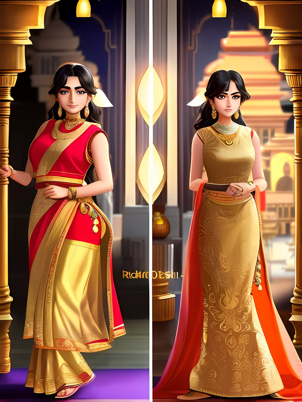 An extremely beautiful Indian young woman, wearing a rich Indian clothing and rich jewelry, in a golden Indian temple, pixar artstyle, emotional eyes, enigmatic smile, cinematic rim light, very feminine figure, dynamic juxtaposition, young beautiful woman, very high quality face, exploitable image, face neck shoulders, beautiful very feminine woman, stylized dynamic folds, serene woman, Pixar artstyle